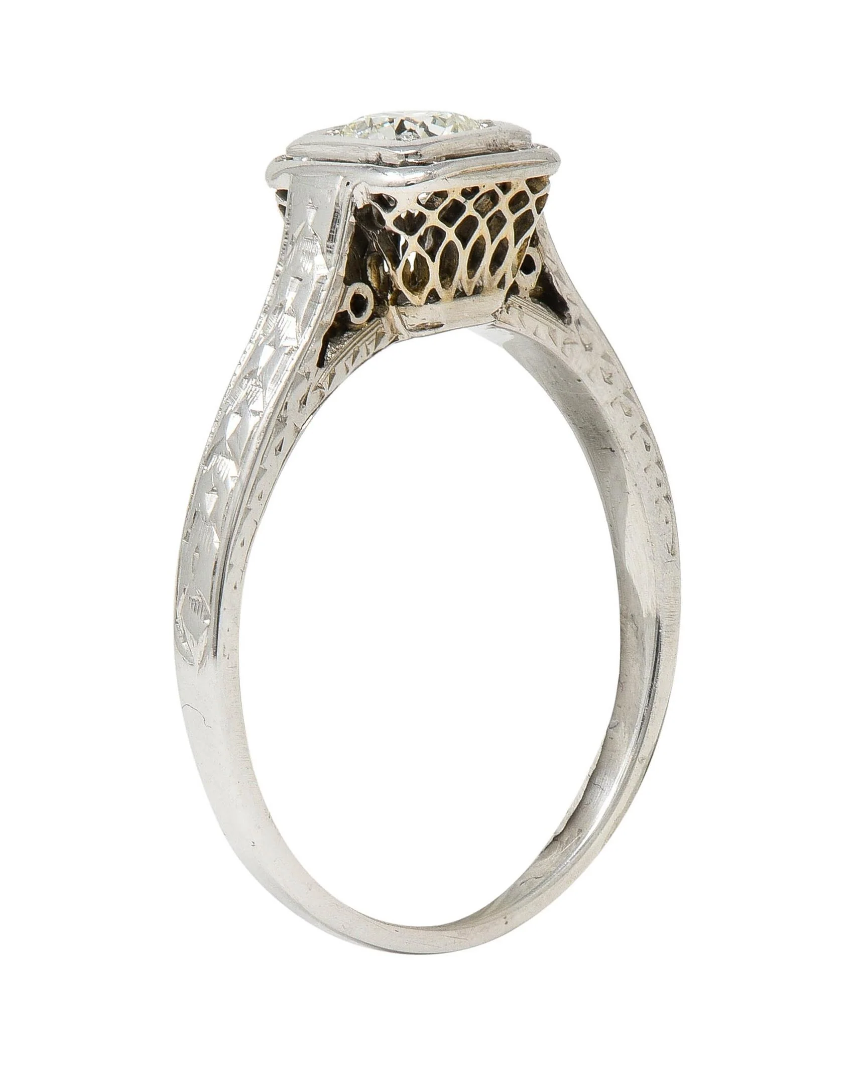 Art Deco 0.40 CTW Transitional Diamond 18 Karat White Gold Vintage Trellis Engagement Ring - Image 8
