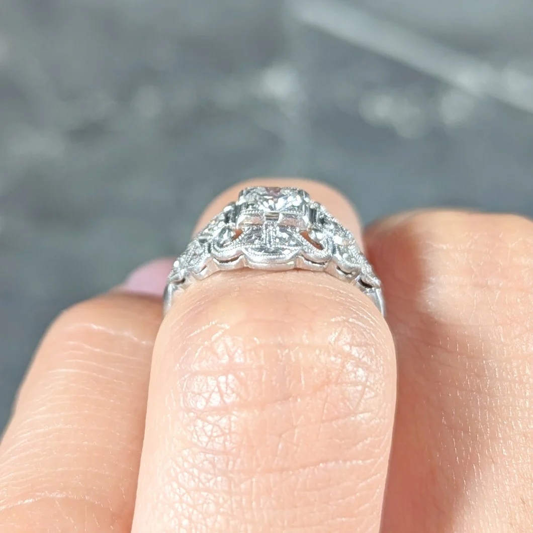 Art Deco 0.41 CTW Old European Cut Diamond Platinum Scrolling Foliate Bombay Engagement Ring - Image 10