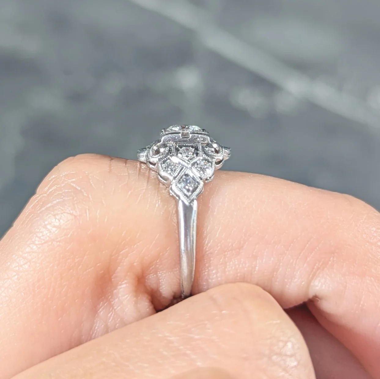 Art Deco 0.41 CTW Old European Cut Diamond Platinum Scrolling Foliate Bombay Engagement Ring - Image 11