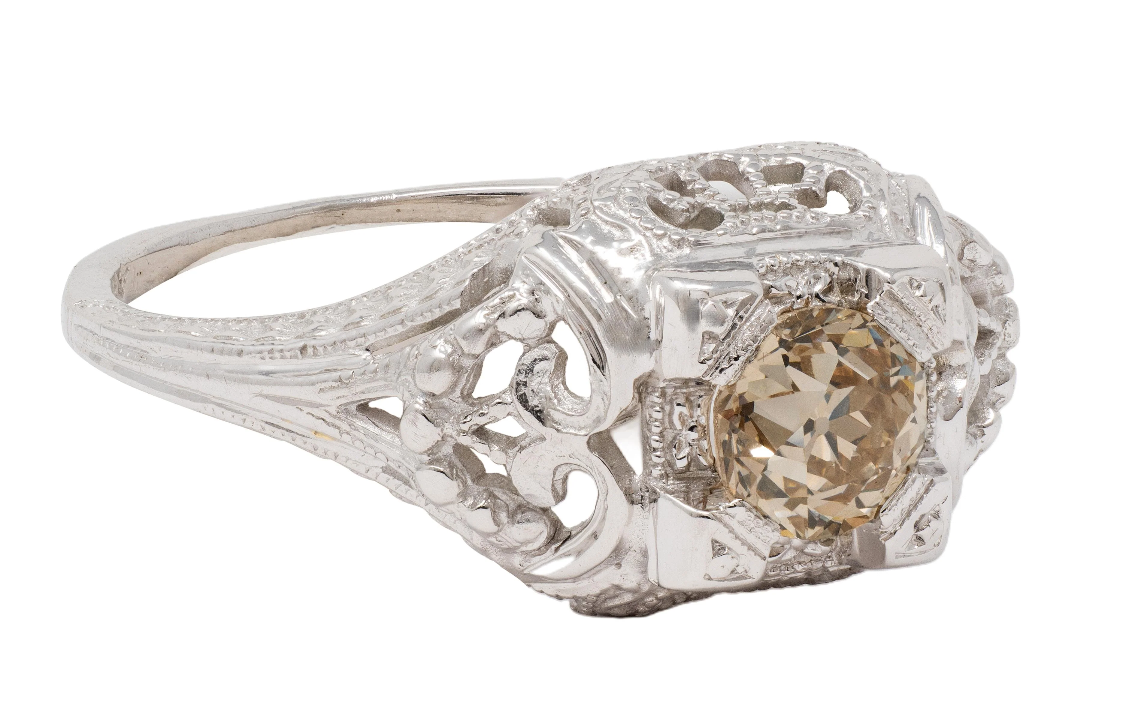 Art Deco 0.42 CTW Fancy Brown-Yellow Diamond 18 Karat White Gold Vintage Engagement Ring - Image 3