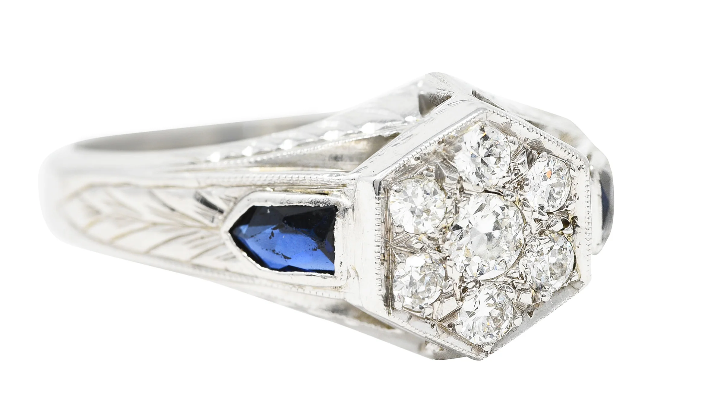 Art Deco 0.45 CTW Old European Sapphire 20 Karat White Gold Foliate Cluster Unisex Signet Ring - Image 2