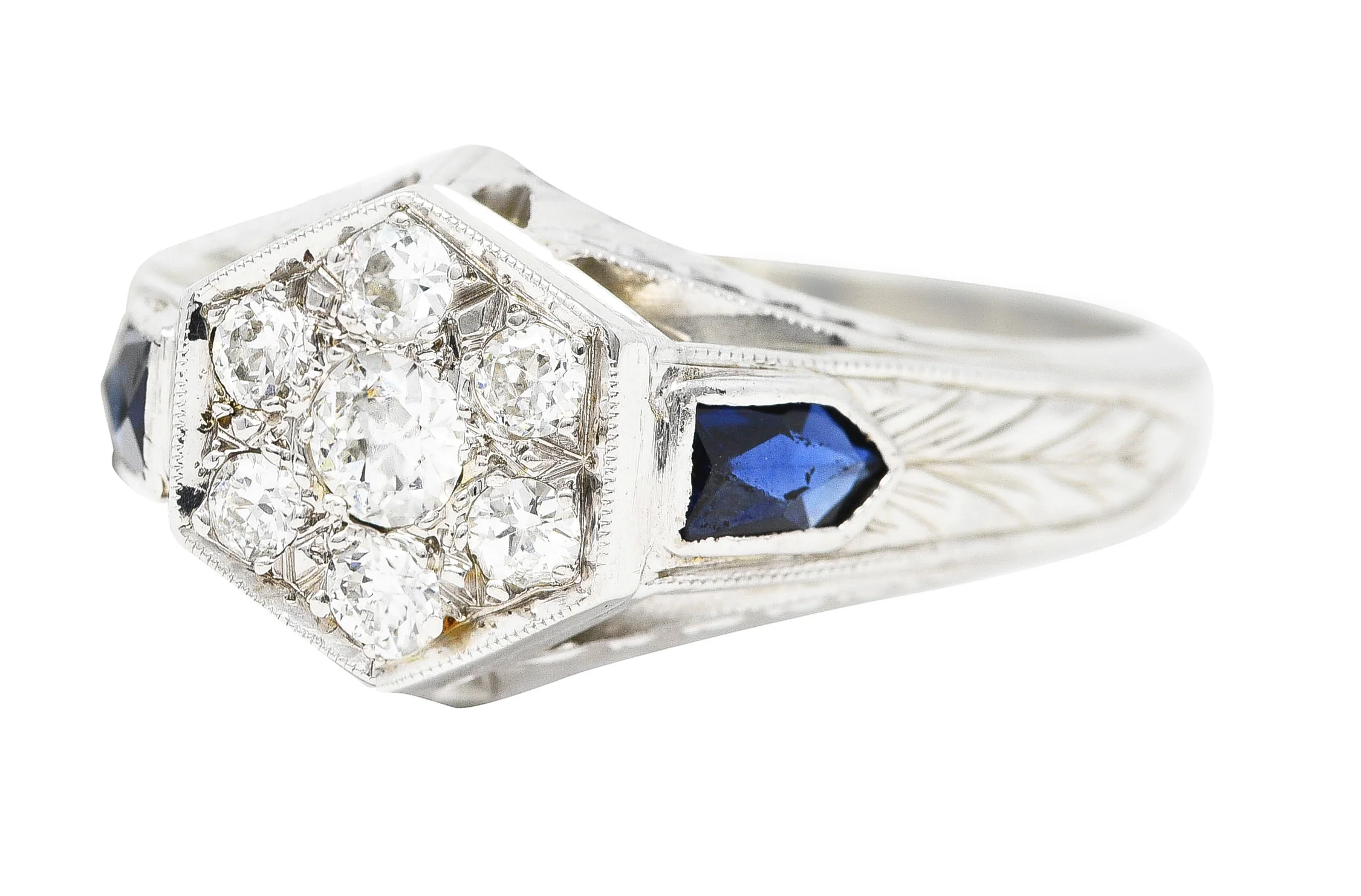 Art Deco 0.45 CTW Old European Sapphire 20 Karat White Gold Foliate Cluster Unisex Signet Ring - Image 6