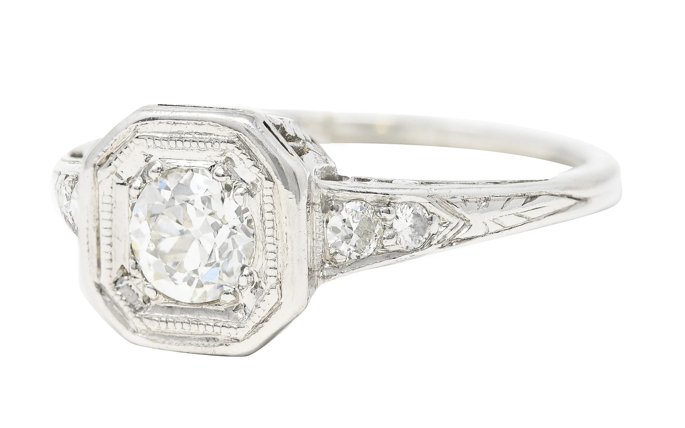 Art Deco 0.46 CTW Old European Cut Diamond Platinum Oak Leaf Engagement Ring - Image 6
