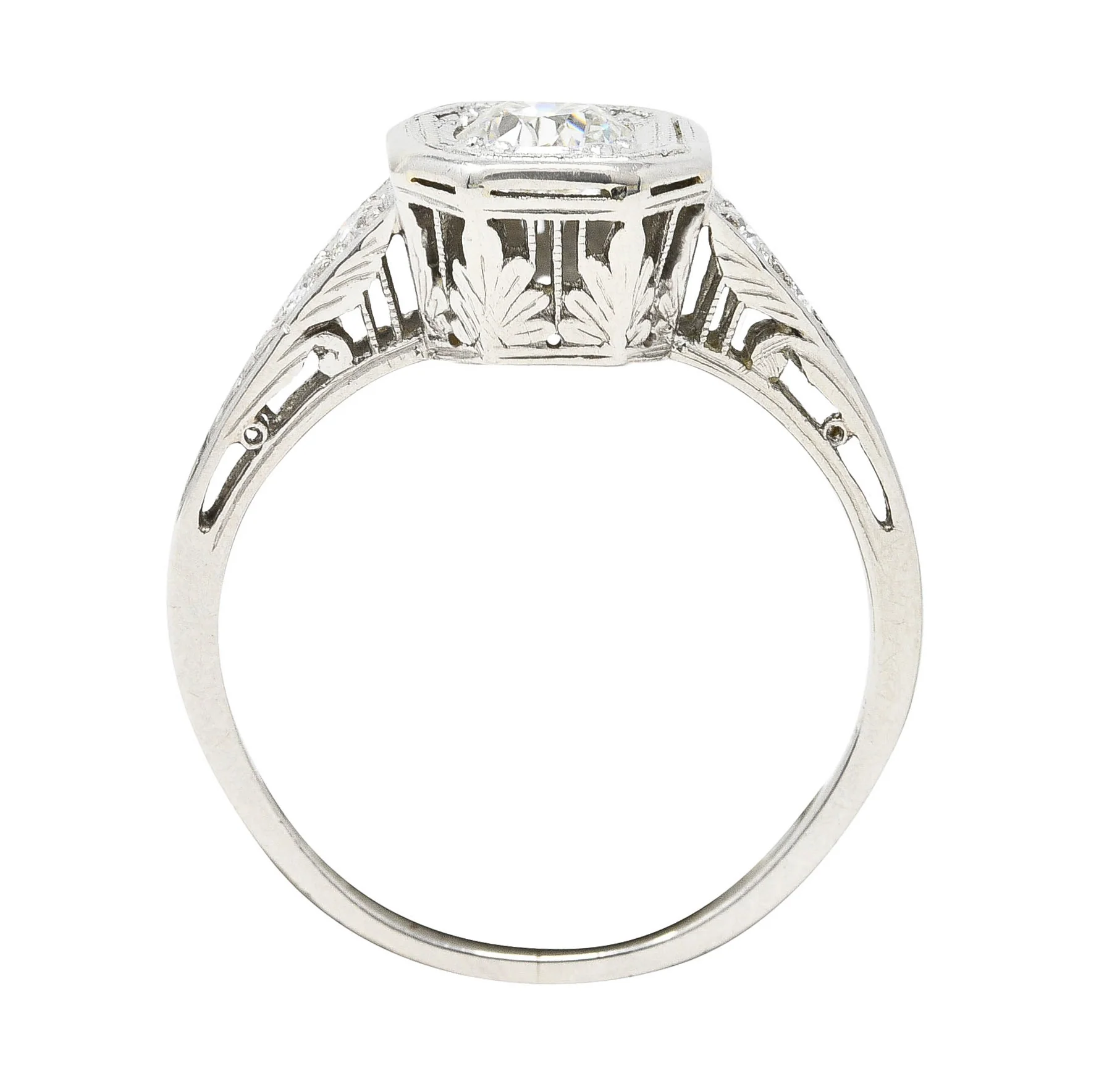Art Deco 0.46 CTW Old European Cut Diamond Platinum Oak Leaf Engagement Ring - Image 8