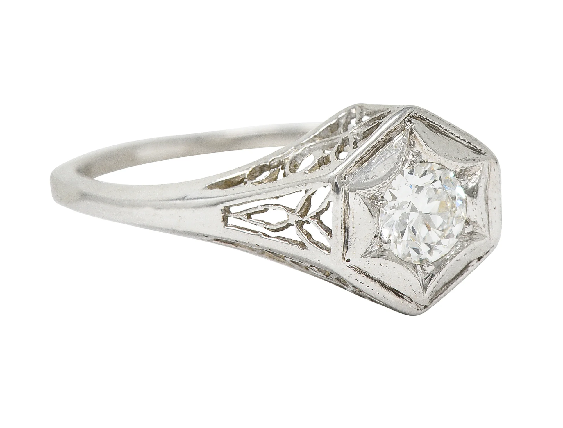 Art Deco 0.47 CTW Diamond 14 Karat White Gold Starburst Foliate Engagement Ring - Image 3