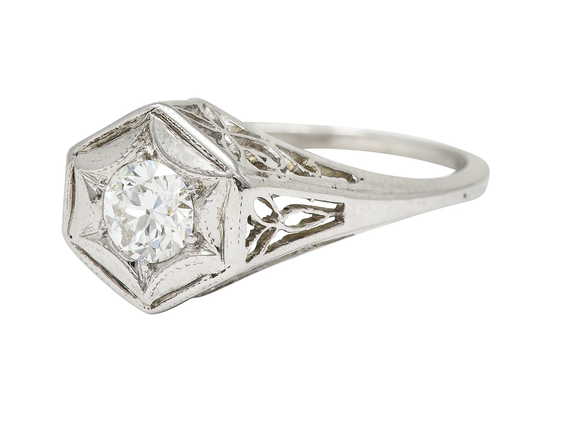 Art Deco 0.47 CTW Diamond 14 Karat White Gold Starburst Foliate Engagement Ring - Image 7