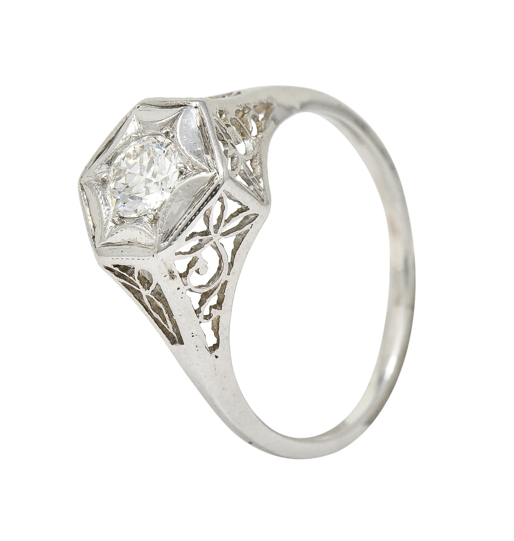Art Deco 0.47 CTW Diamond 14 Karat White Gold Starburst Foliate Engagement Ring - Image 8