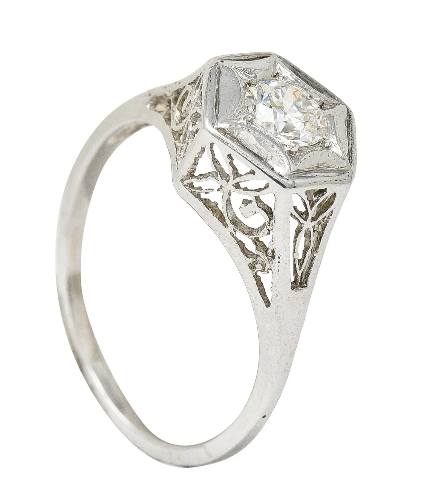Art Deco 0.47 CTW Diamond 14 Karat White Gold Starburst Foliate Engagement Ring - Image 9