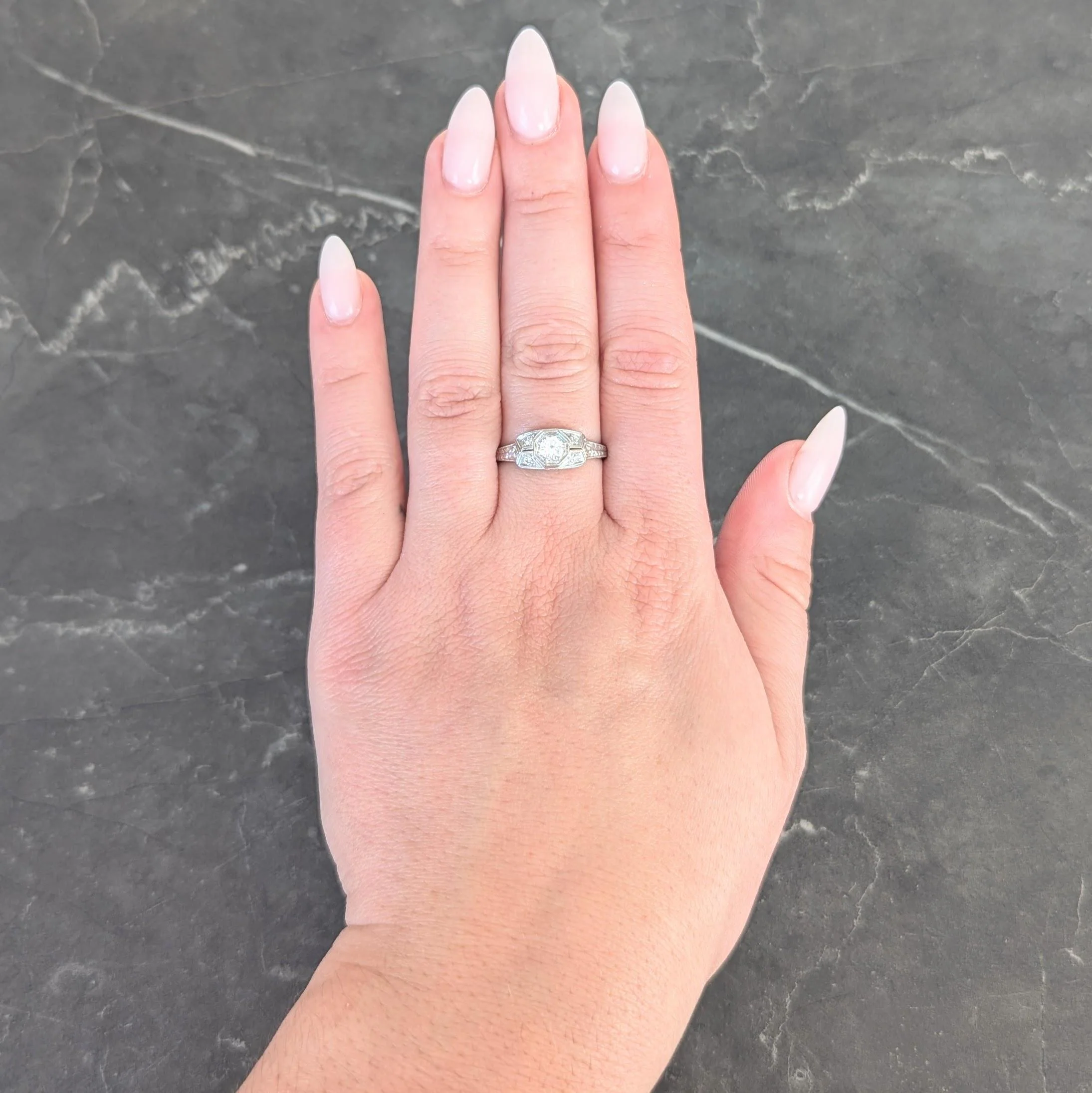 Art Deco 0.47 CTW Diamond Platinum Scrolling Foliate Vintage Engagement Ring - Image 11