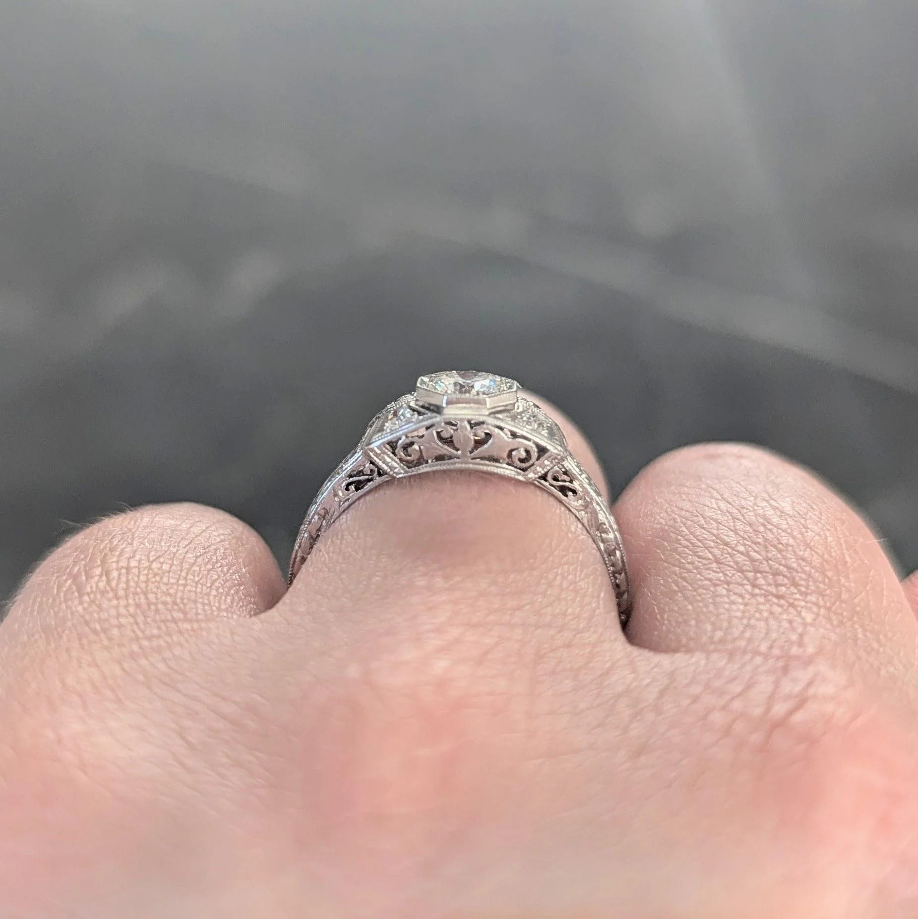 Art Deco 0.47 CTW Diamond Platinum Scrolling Foliate Vintage Engagement Ring - Image 13
