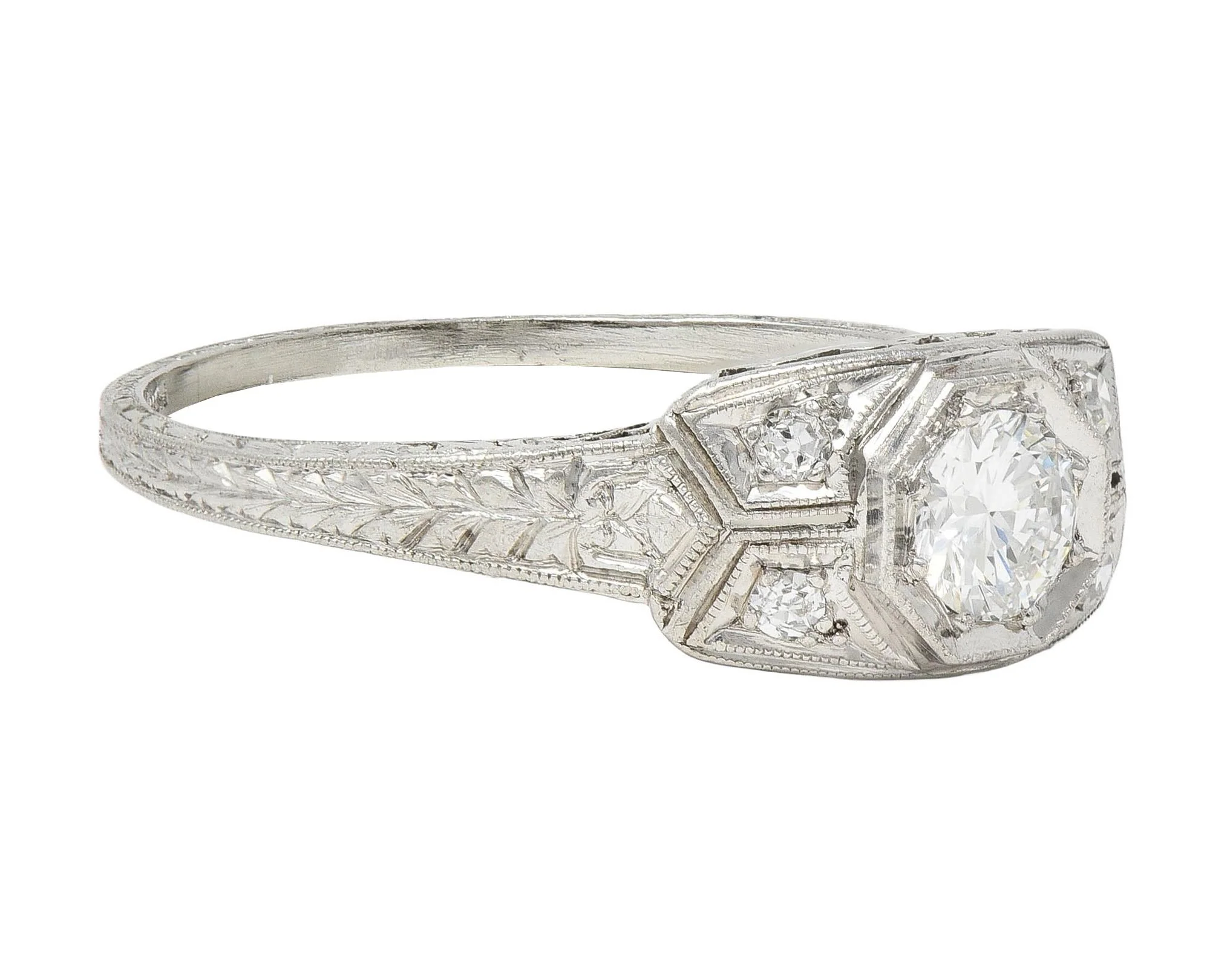 Art Deco 0.47 CTW Diamond Platinum Scrolling Foliate Vintage Engagement Ring - Image 2