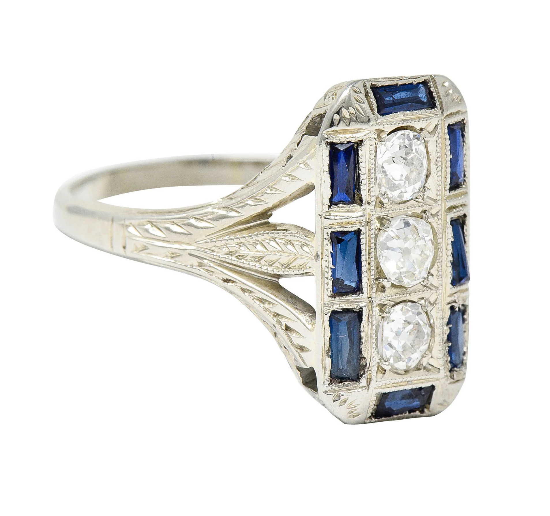 Art Deco 0.50 CTW Diamond Sapphire 18 Karat White Gold Dinner Ring - Image 2