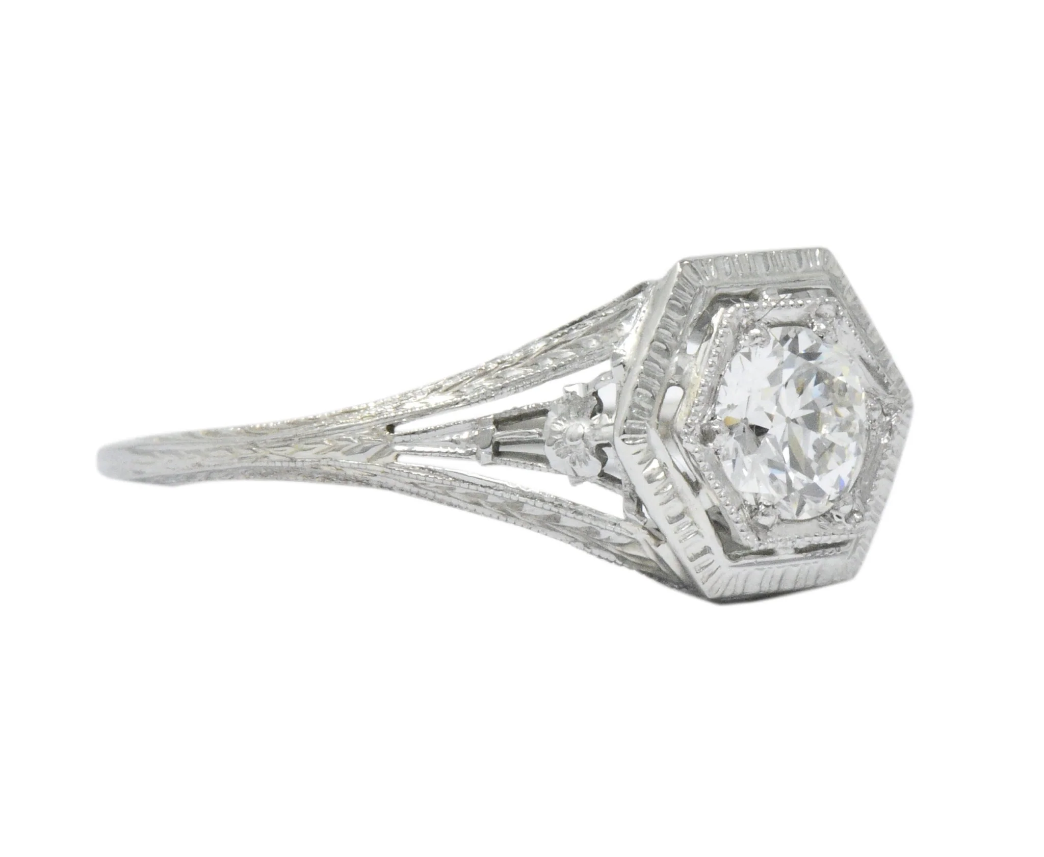 Art Deco 0.51 CTW Diamond 18 Karat White Gold Octagonal Halo Engagement Ring - Image 4