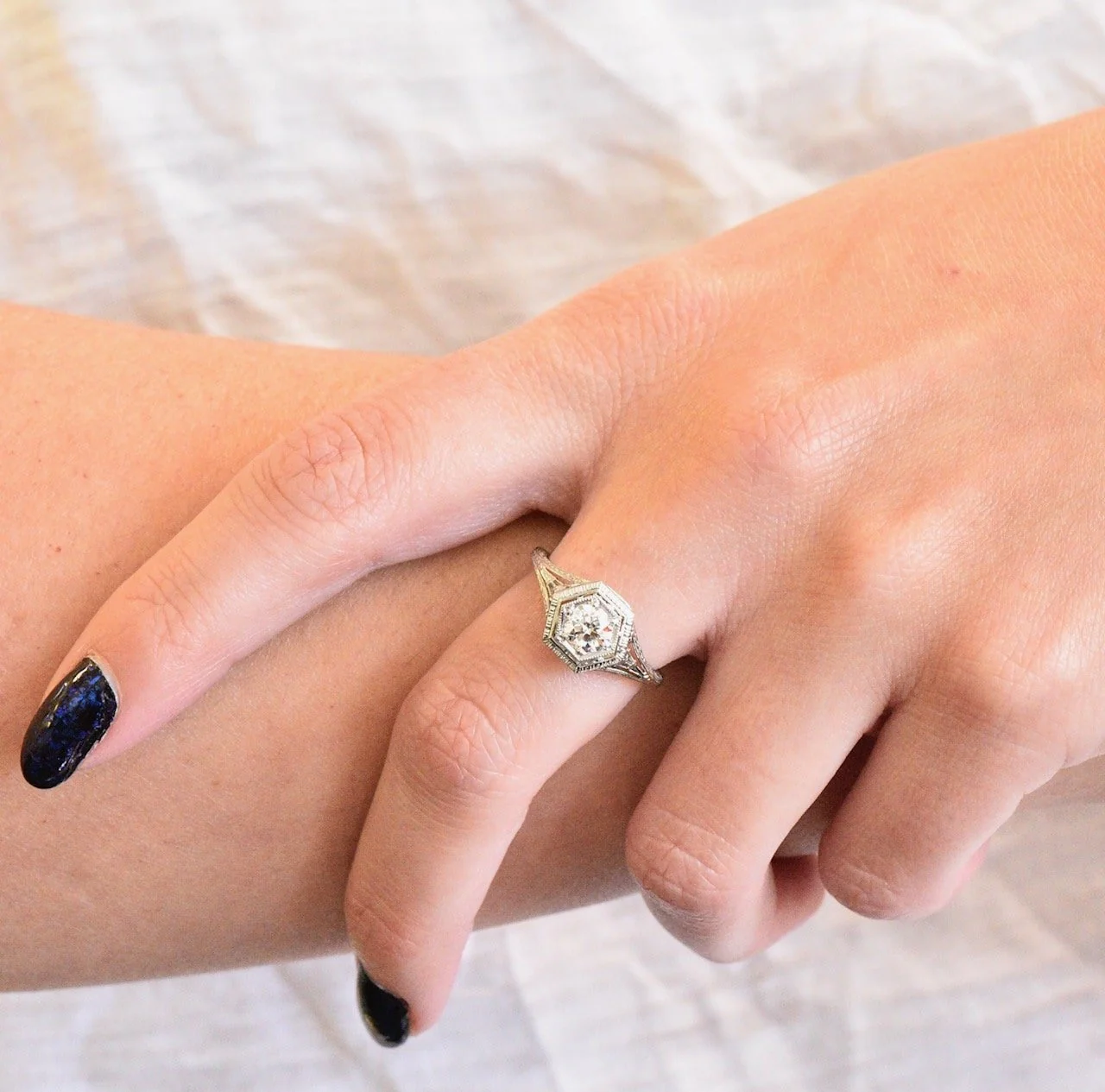 Art Deco 0.51 CTW Diamond 18 Karat White Gold Octagonal Halo Engagement Ring - Image 9