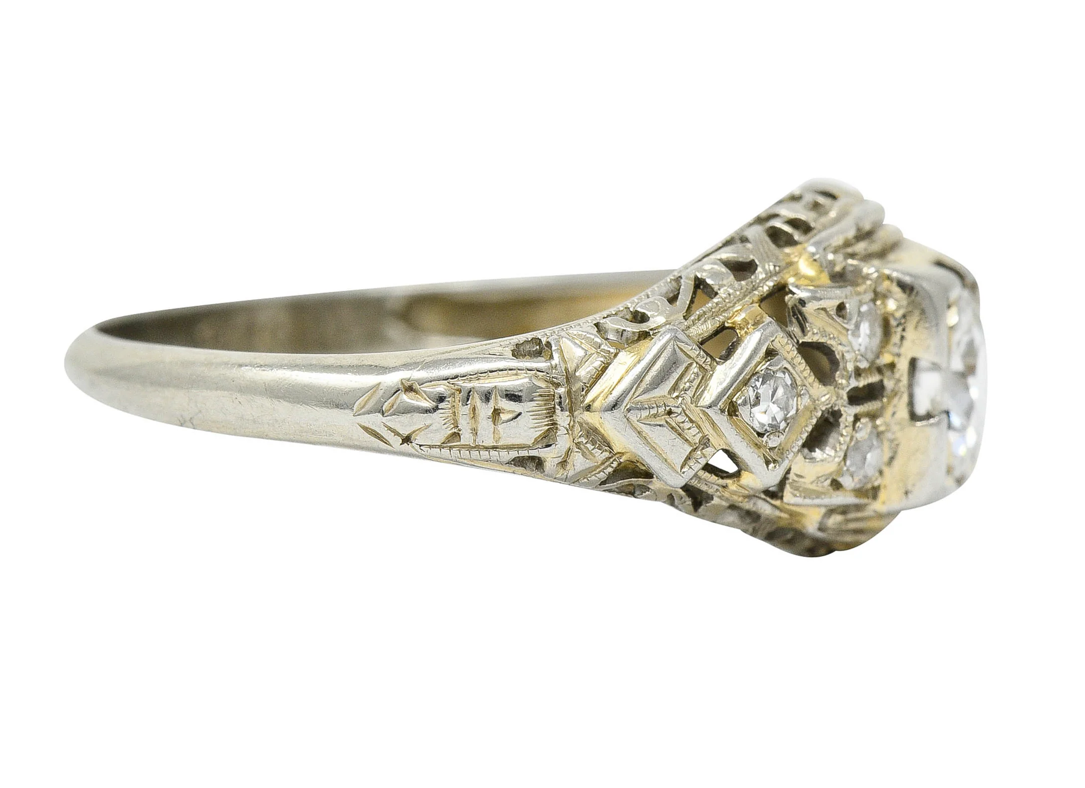 Art Deco 0.55 CTW Diamond 18 Karat White Gold Geometric Engagement Ring - Image 3