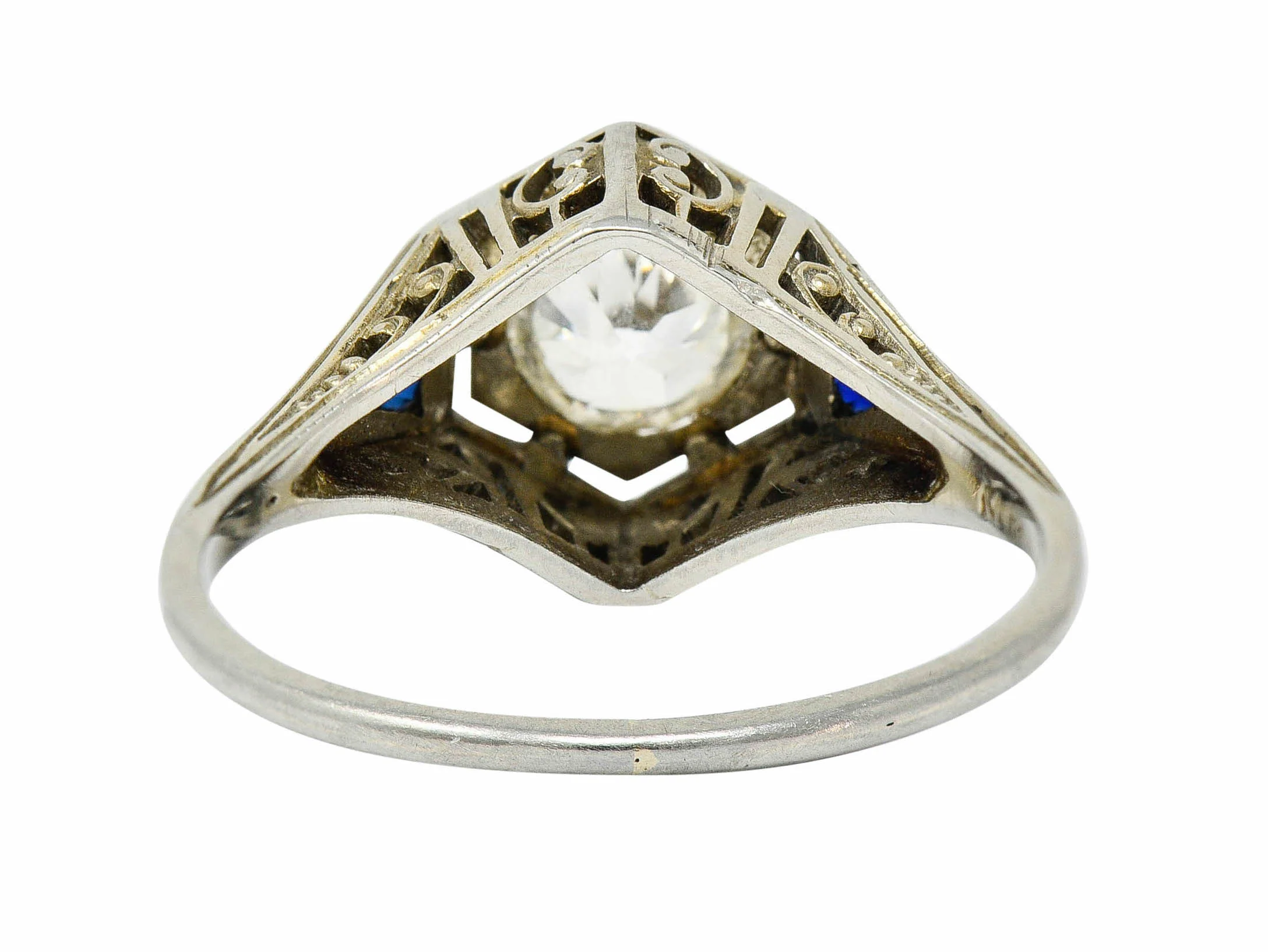 Art Deco 0.55 CTW Diamond Sapphire 18 Karat White Gold Hexagonal Ring - Image 5