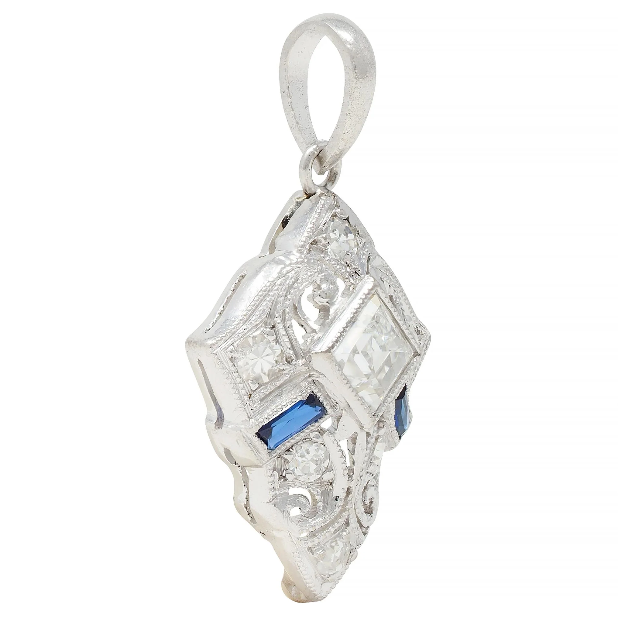 Art Deco 0.58 CTW Sapphire Diamond Platinum Vintage Scrolling Pendant - Image 2
