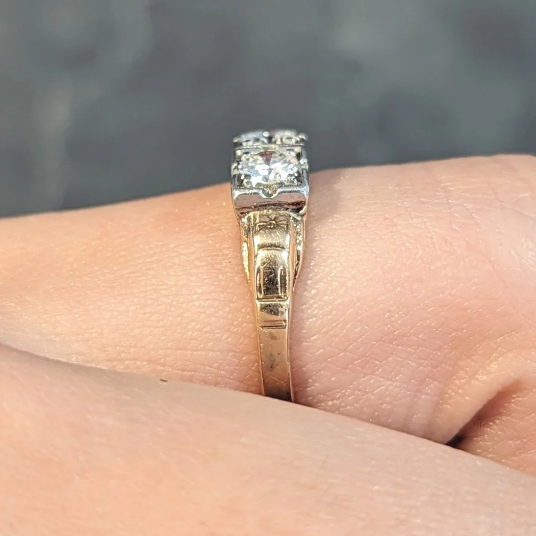 Art Deco 0.60 CTW Diamond Platinum 14 Karat Gold Three Stone Antique Band Ring - Image 13