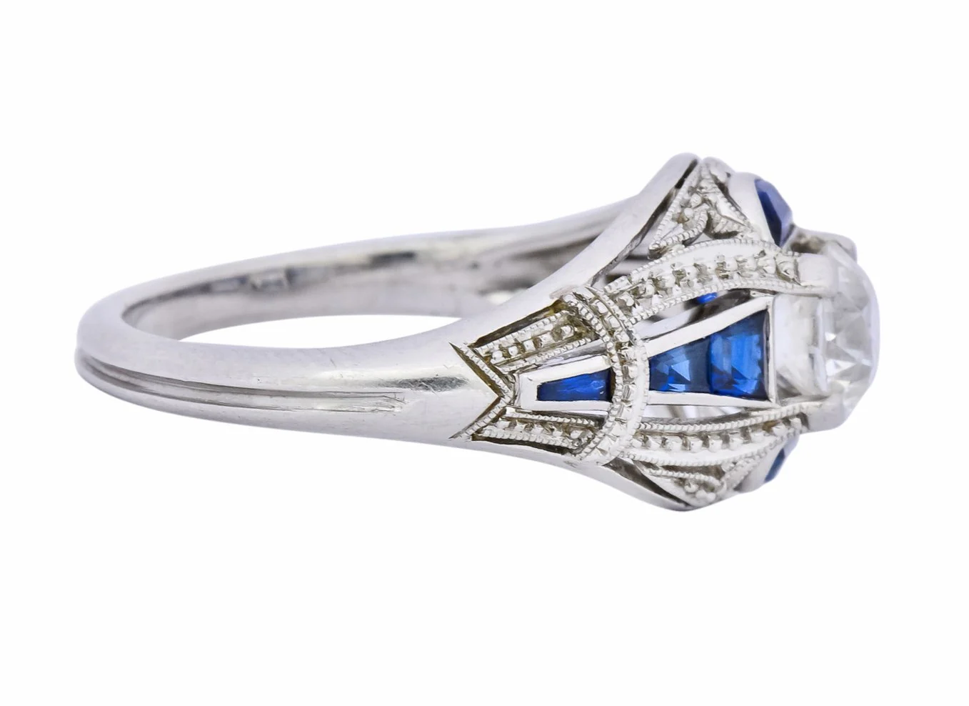 Art Deco 0.60 CTW Diamond Sapphire Platinum Engagement Ring - Image 3