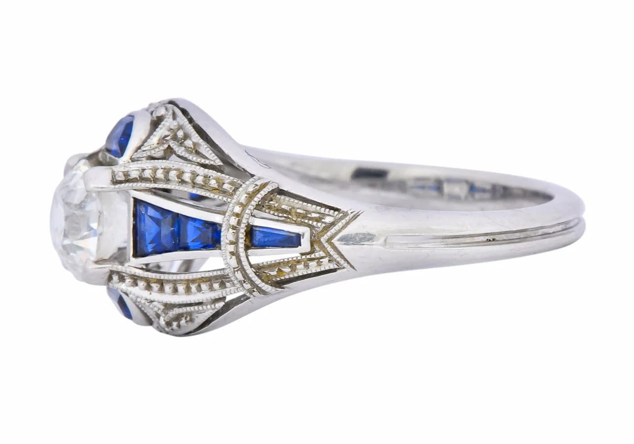 Art Deco 0.60 CTW Diamond Sapphire Platinum Engagement Ring - Image 4