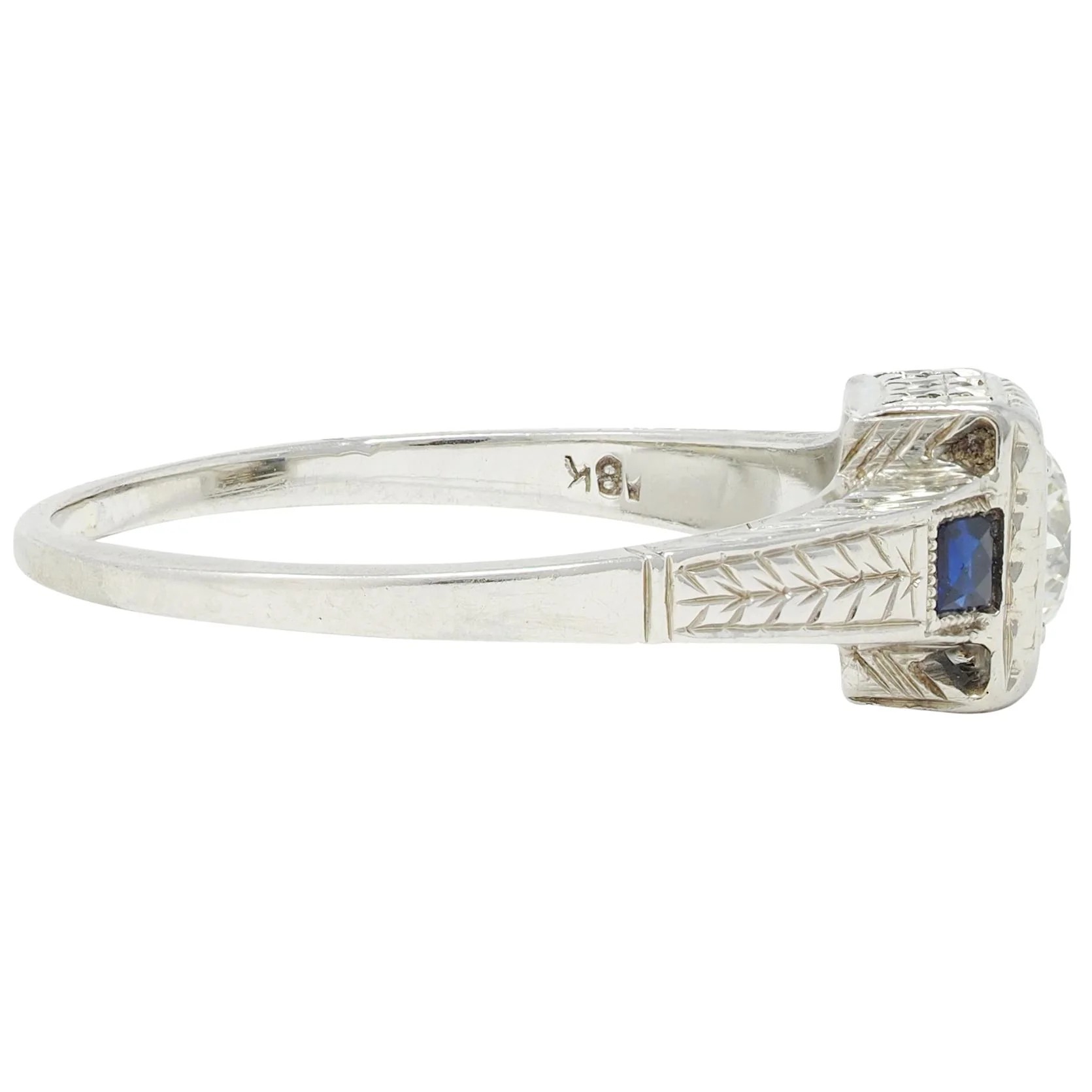 Art Deco 0.60 CTW Old European Diamond Sapphire 18 Karat White Gold VinWheat Engagement Ring - Image 3