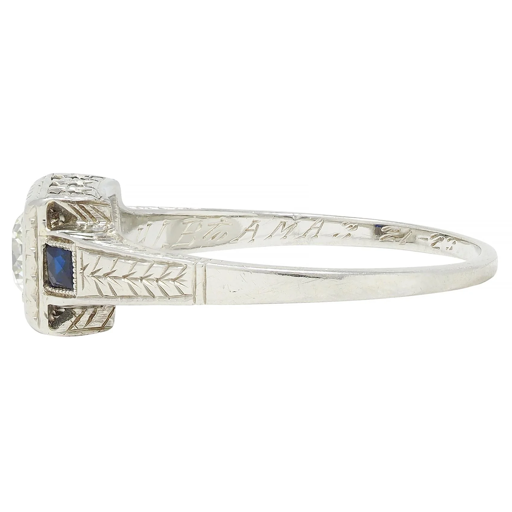 Art Deco 0.60 CTW Old European Diamond Sapphire 18 Karat White Gold VinWheat Engagement Ring - Image 5