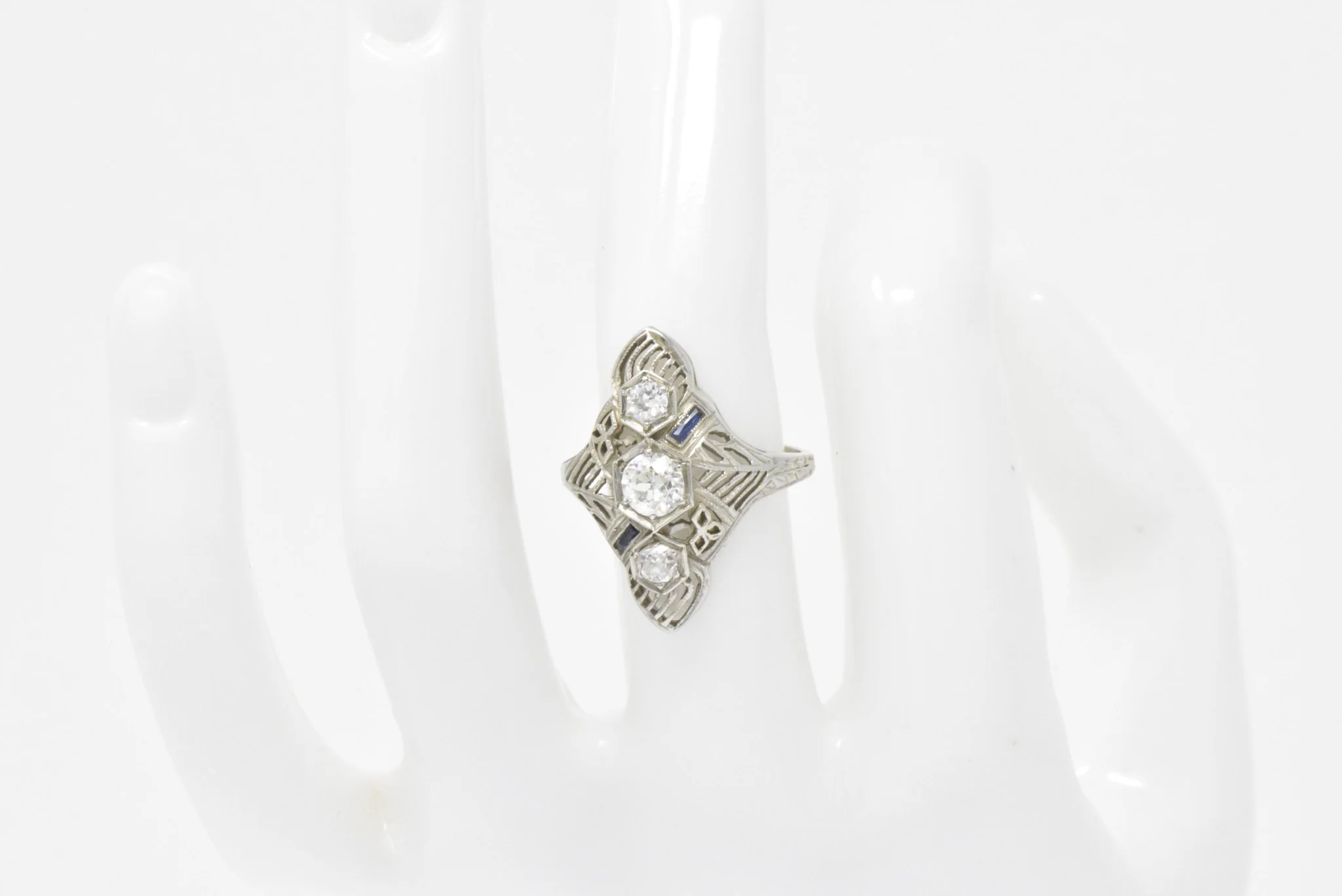 Art Deco 0.62 CTW Diamond Sapphire 18 Karat White Gold Dinner Ring - Image 11