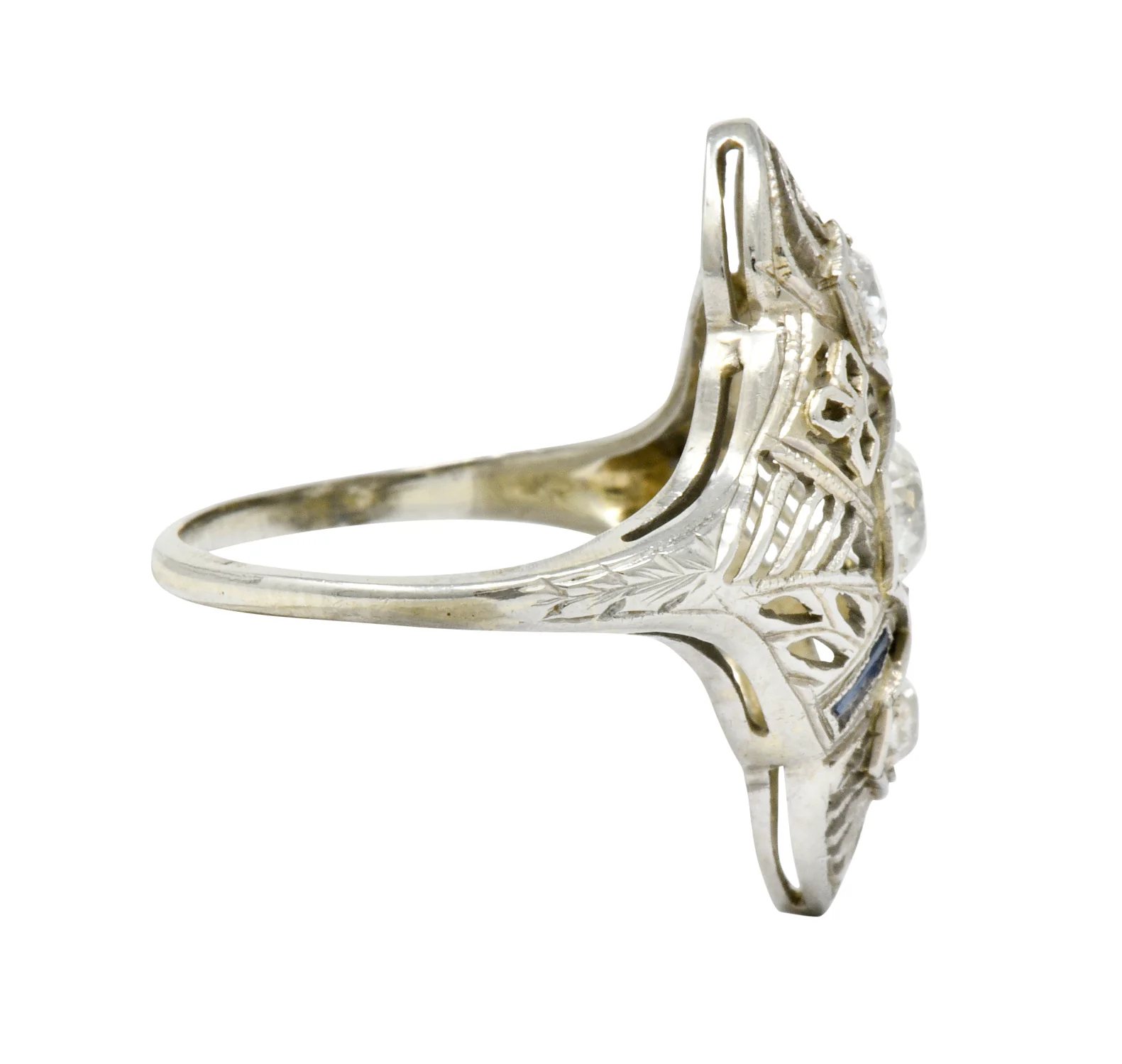 Art Deco 0.62 CTW Diamond Sapphire 18 Karat White Gold Dinner Ring - Image 3
