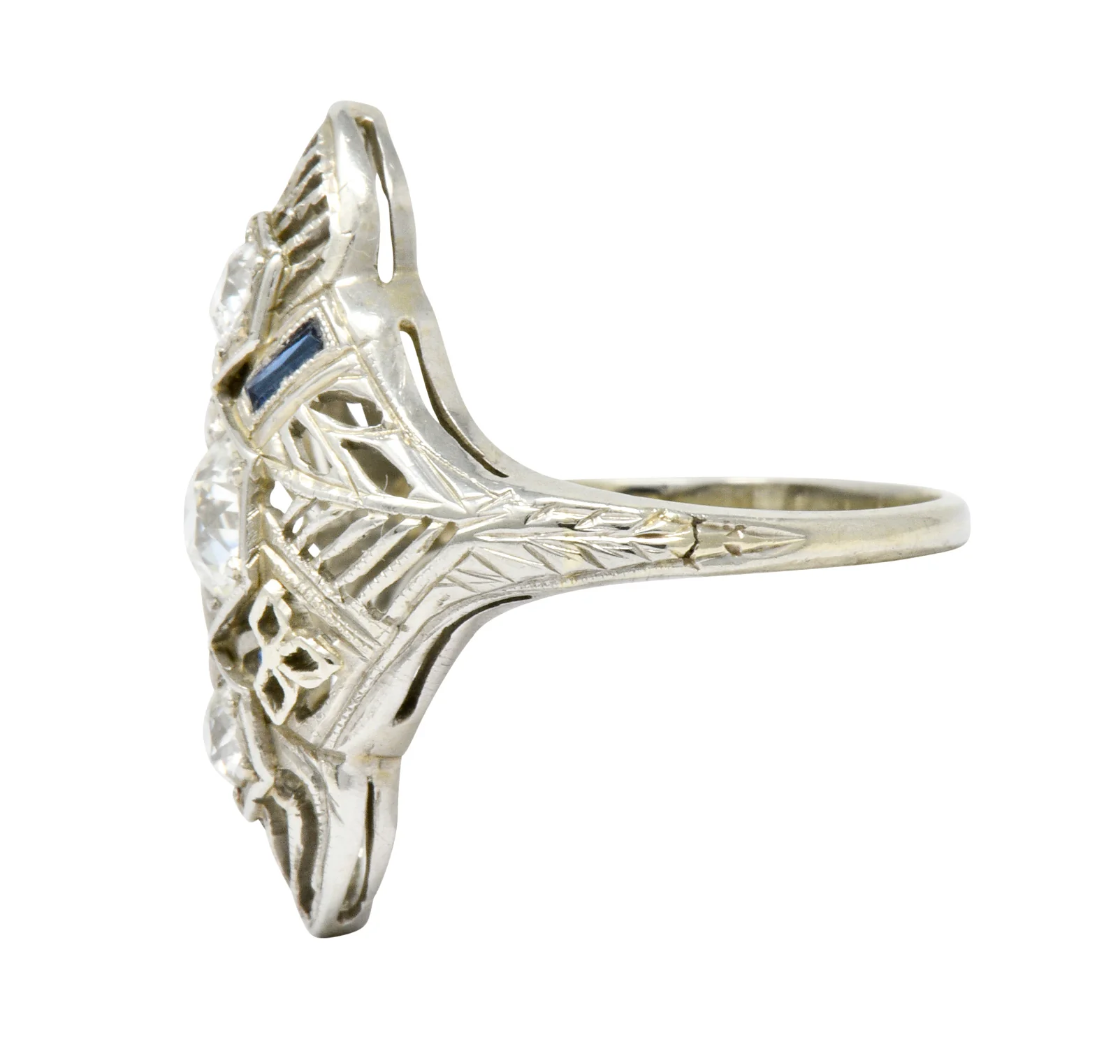 Art Deco 0.62 CTW Diamond Sapphire 18 Karat White Gold Dinner Ring - Image 4