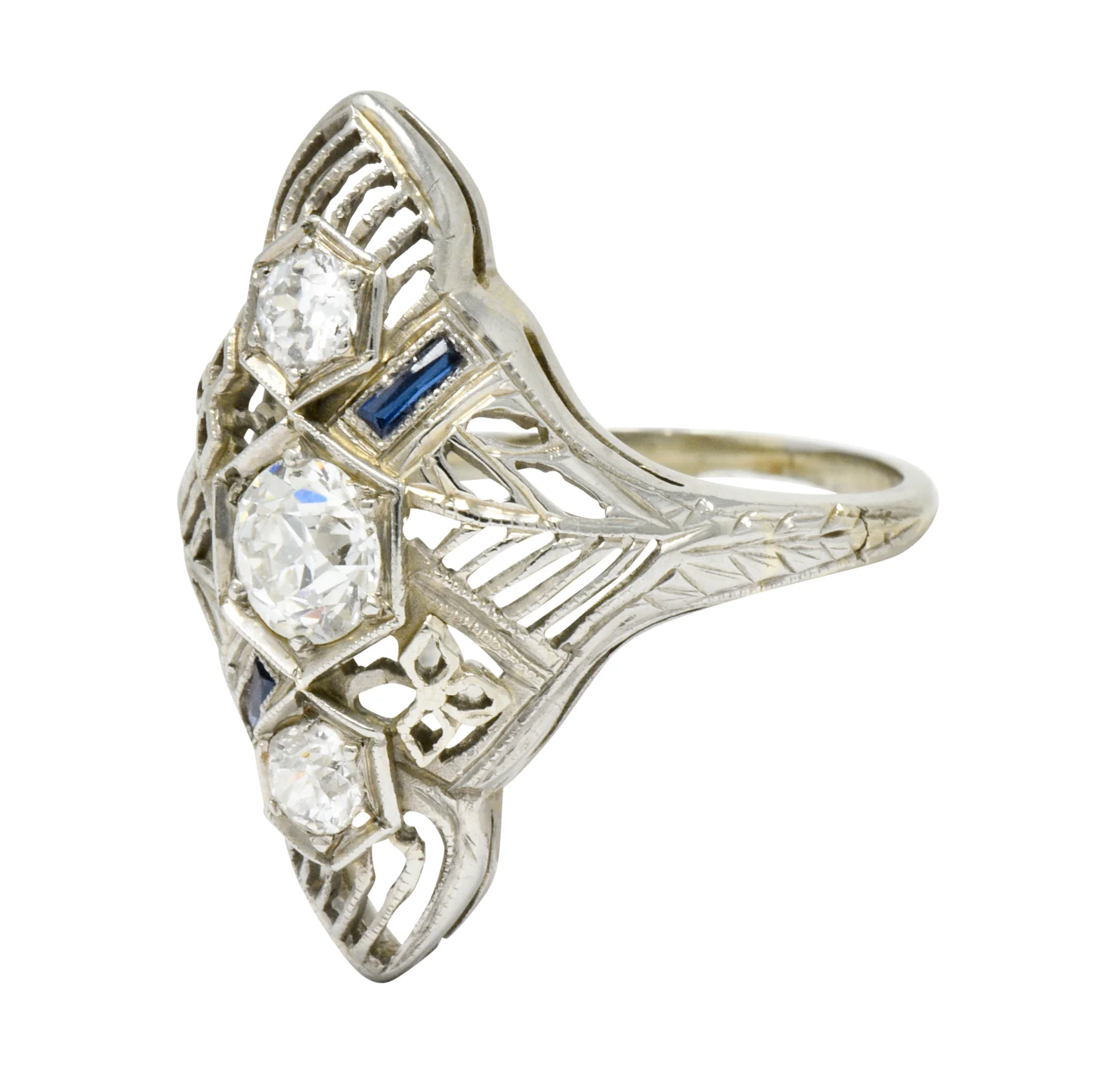Art Deco 0.62 CTW Diamond Sapphire 18 Karat White Gold Dinner Ring - Image 5