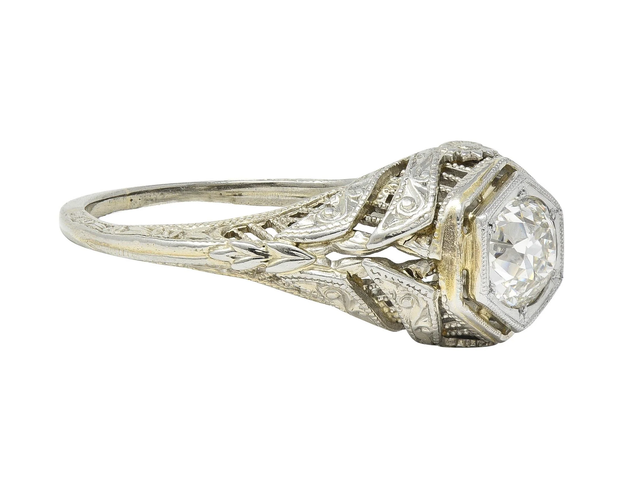 Art Deco 0.62 CTW Old Mine Cut Diamond 18 Karat White Gold Vintage Orange Blossom Engagement Ring - Image 2
