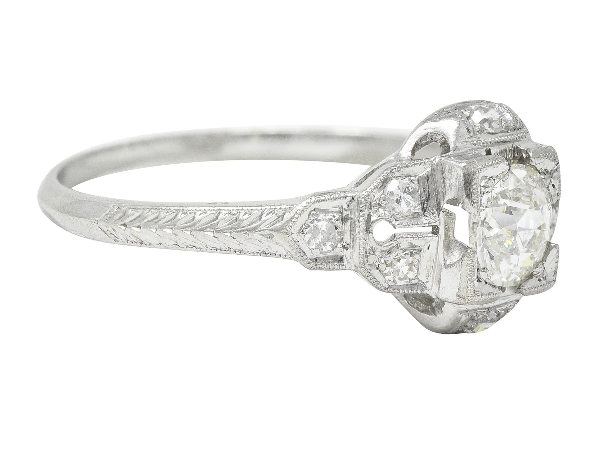 Art Deco 0.64 CTW Old European Cut Diamond Platinum Quatrefoil Engagement Ring - Image 2