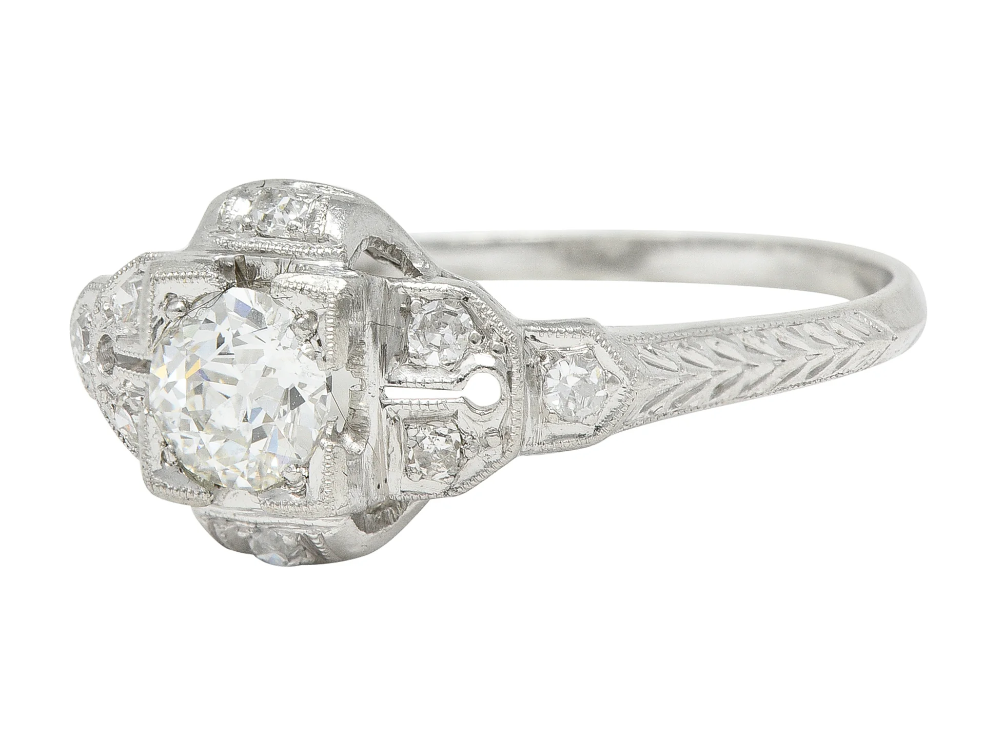 Art Deco 0.64 CTW Old European Cut Diamond Platinum Quatrefoil Engagement Ring - Image 6