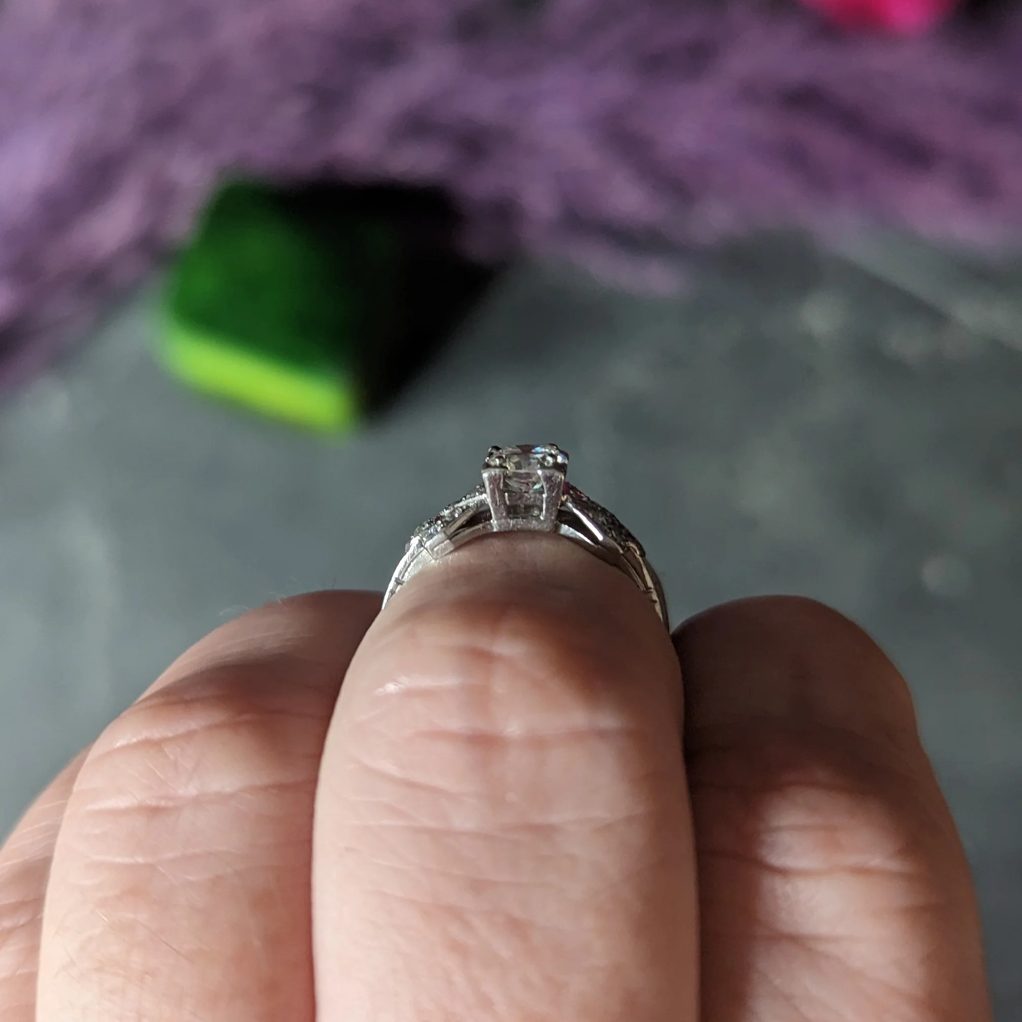Art Deco 0.64 CTW Transitional Cut Diamond Platinum Buckle Engagement Ring - Image 15