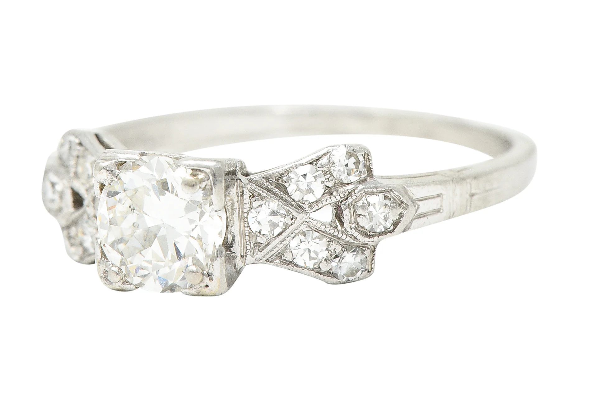 Art Deco 0.64 CTW Transitional Cut Diamond Platinum Buckle Engagement Ring - Image 6