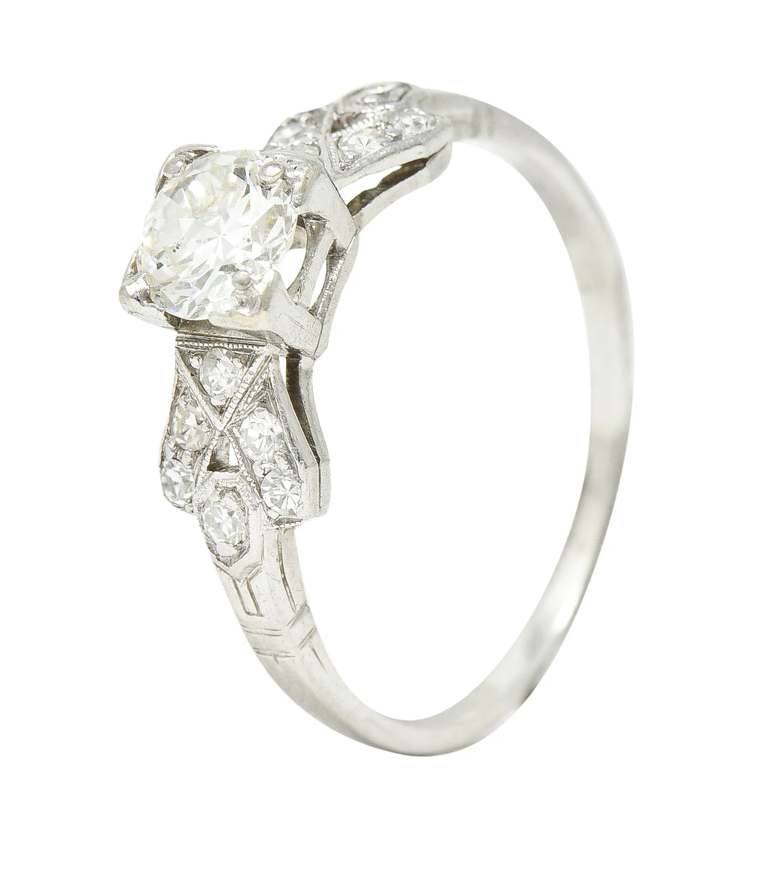 Art Deco 0.64 CTW Transitional Cut Diamond Platinum Buckle Engagement Ring - Image 8