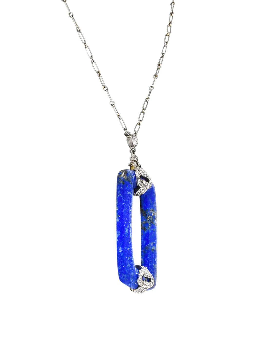 Art Deco 0.65 CTW Diamond Lapis Lazuli Platinum Cushion Drop Necklace - Image 3
