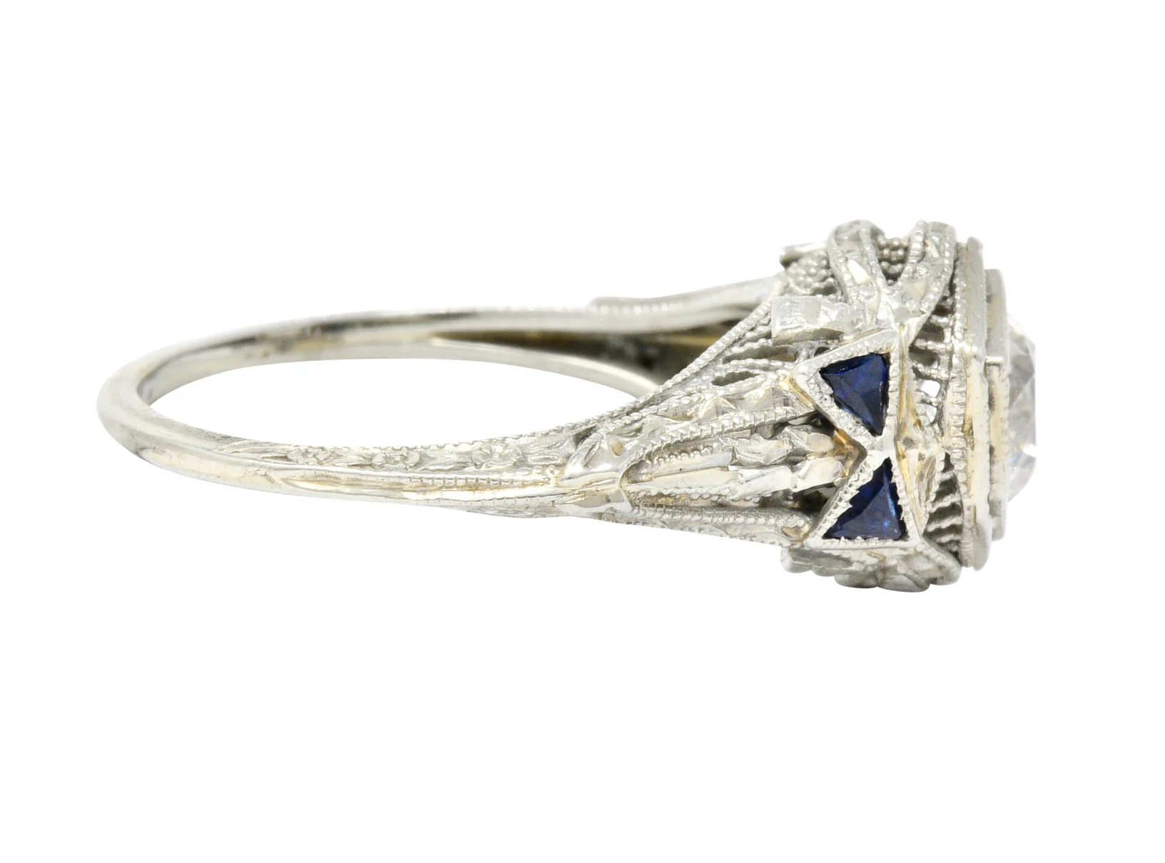 Art Deco 0.65 CTW Diamond Sapphire 18 Karat White Gold Engagement Ring - Image 3