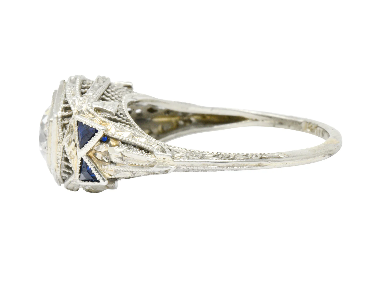 Art Deco 0.65 CTW Diamond Sapphire 18 Karat White Gold Engagement Ring - Image 5
