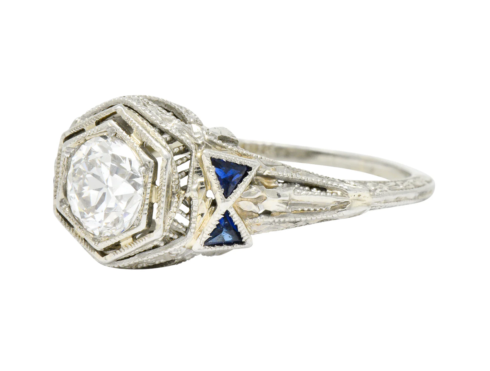 Art Deco 0.65 CTW Diamond Sapphire 18 Karat White Gold Engagement Ring - Image 6