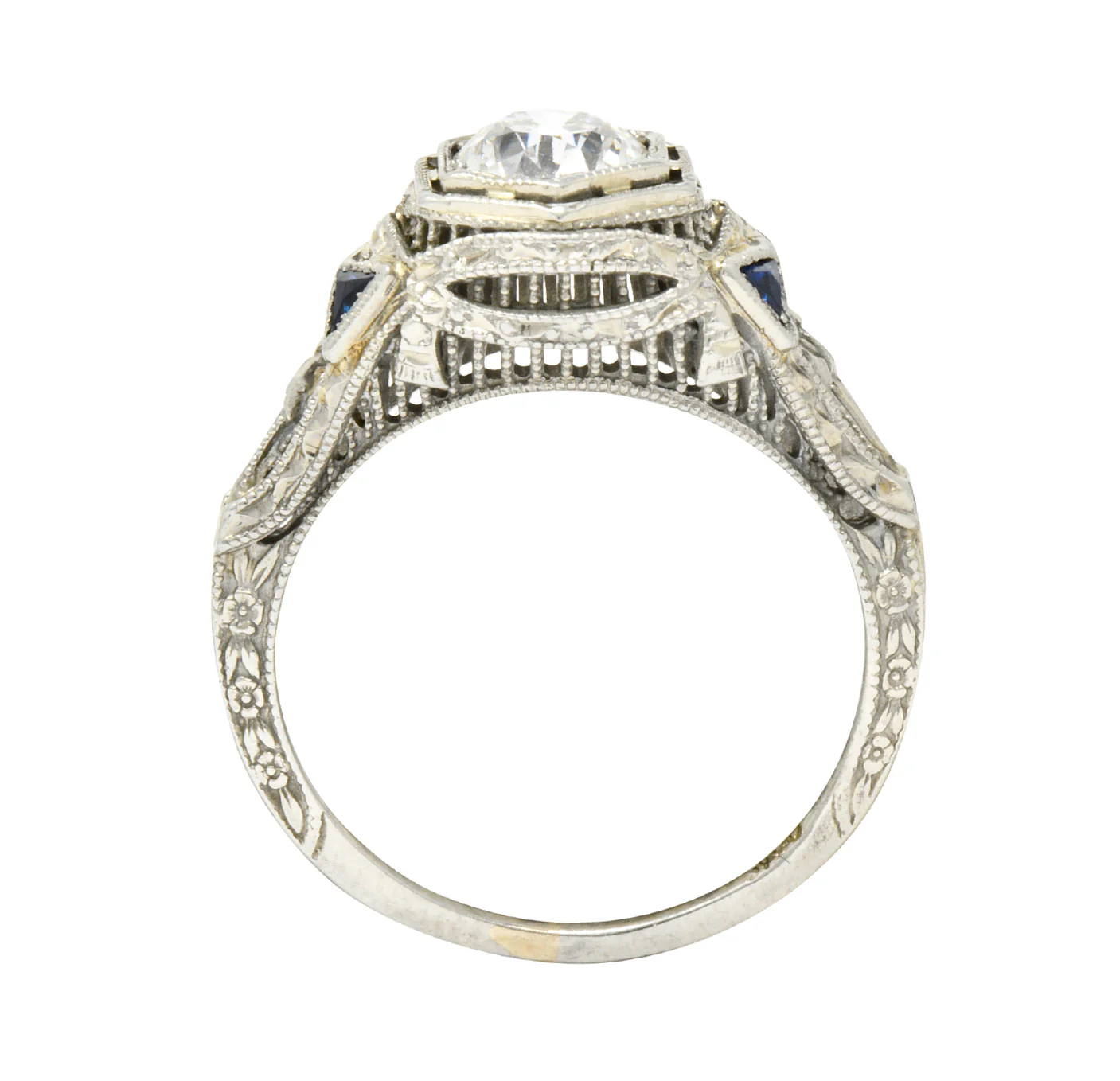Art Deco 0.65 CTW Diamond Sapphire 18 Karat White Gold Engagement Ring - Image 8