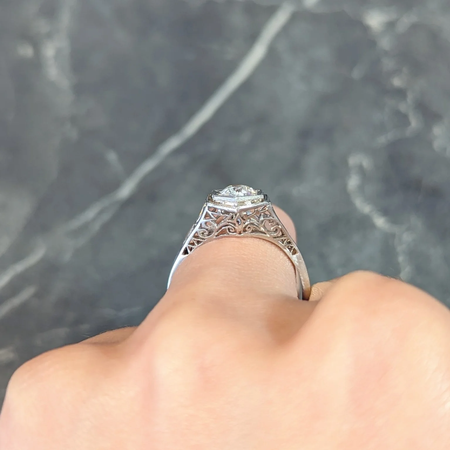 Art Deco 0.65 CTW Old European Diamond Platinum Scrolling Lotus Vintage Engagement Ring - Image 13