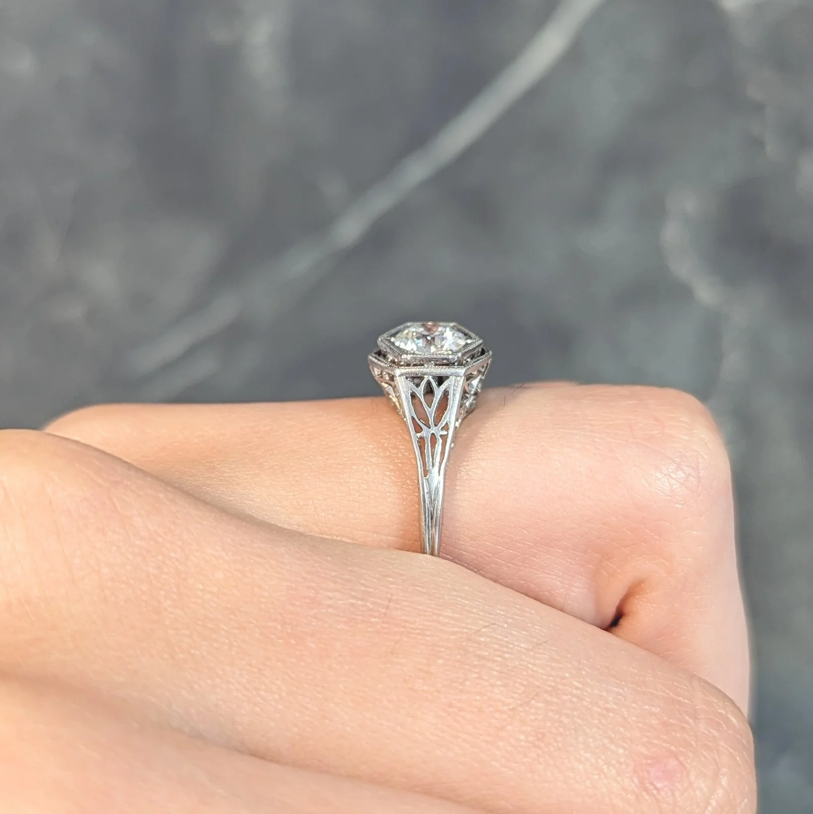 Art Deco 0.65 CTW Old European Diamond Platinum Scrolling Lotus Vintage Engagement Ring - Image 14