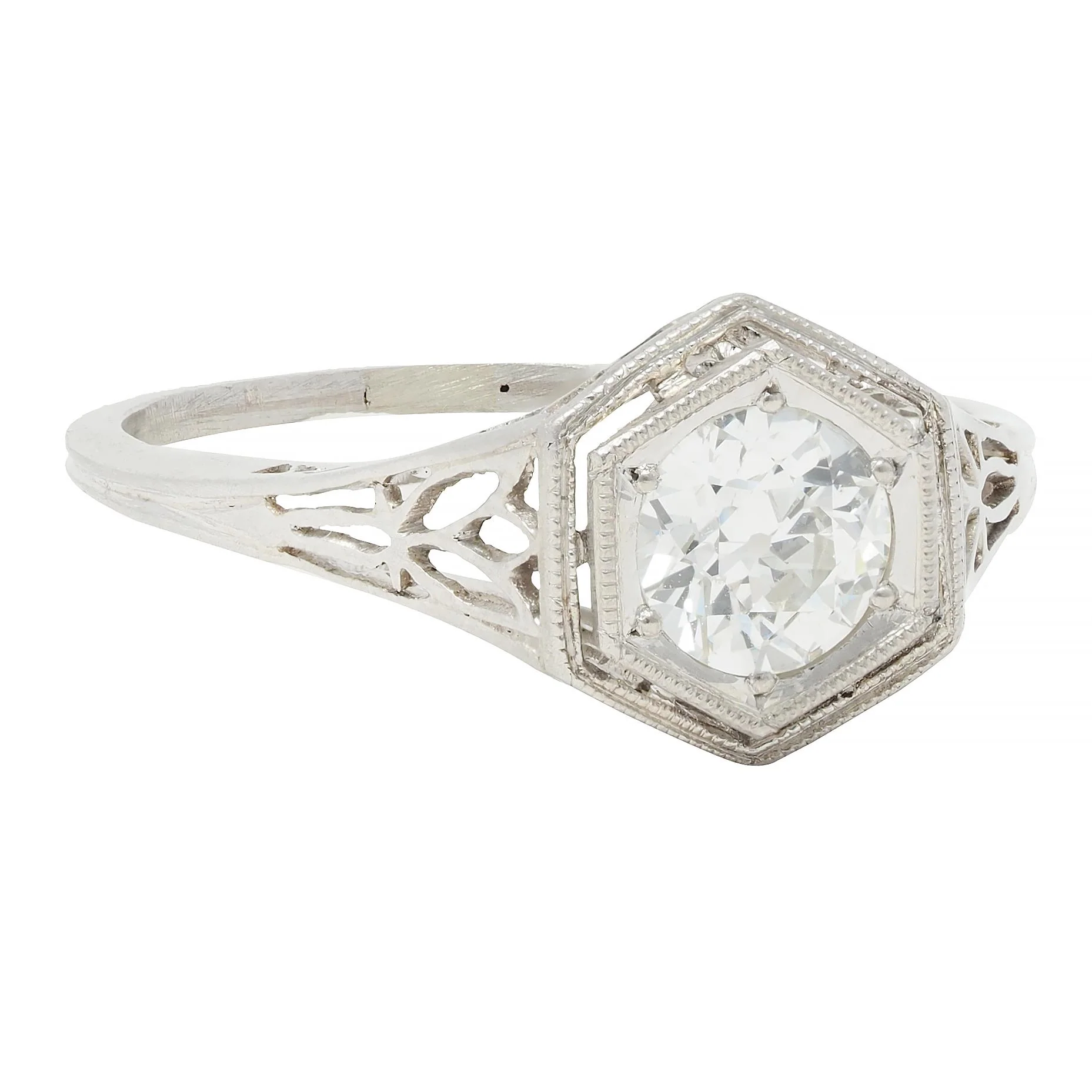 Art Deco 0.65 CTW Old European Diamond Platinum Scrolling Lotus Vintage Engagement Ring - Image 2