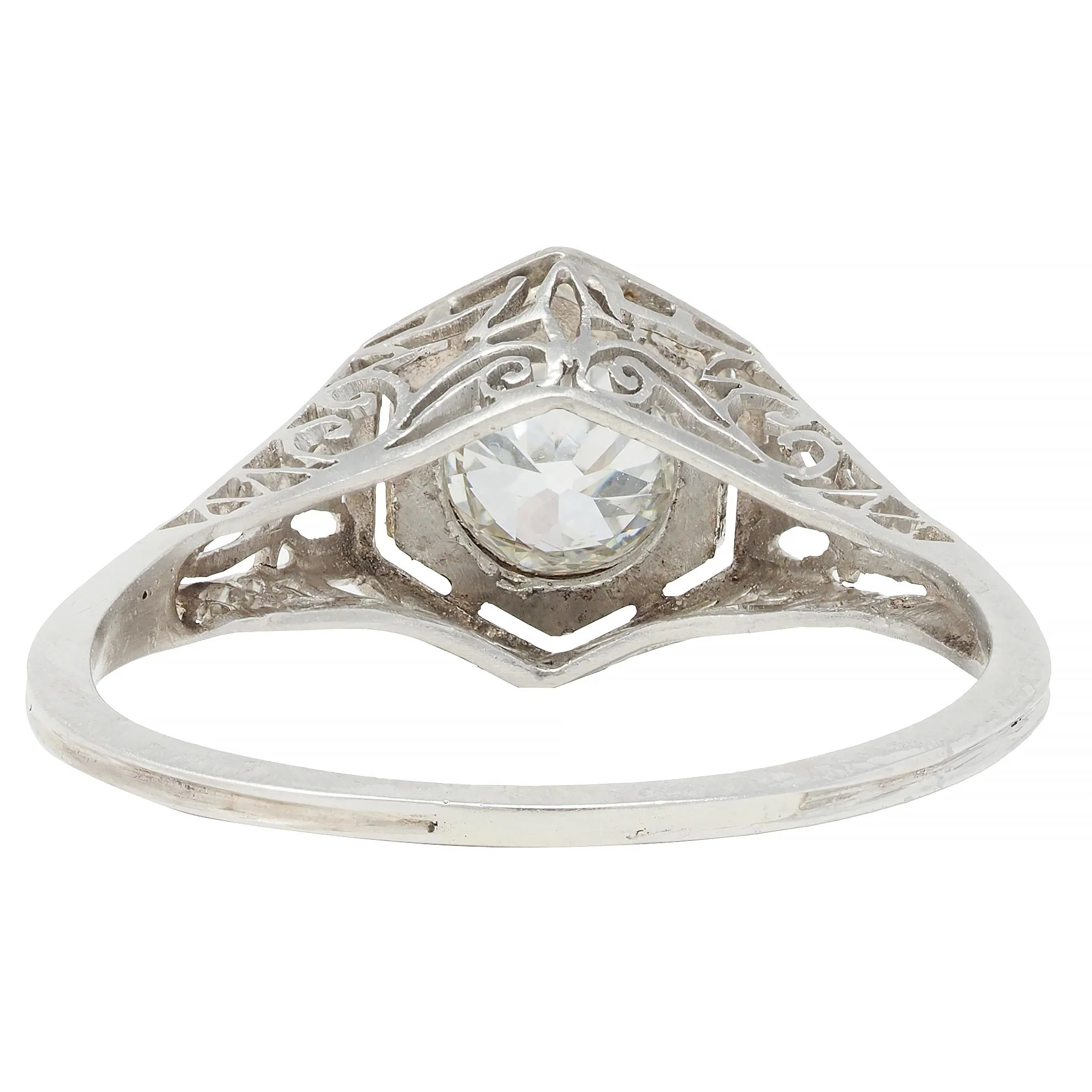 Art Deco 0.65 CTW Old European Diamond Platinum Scrolling Lotus Vintage Engagement Ring - Image 4