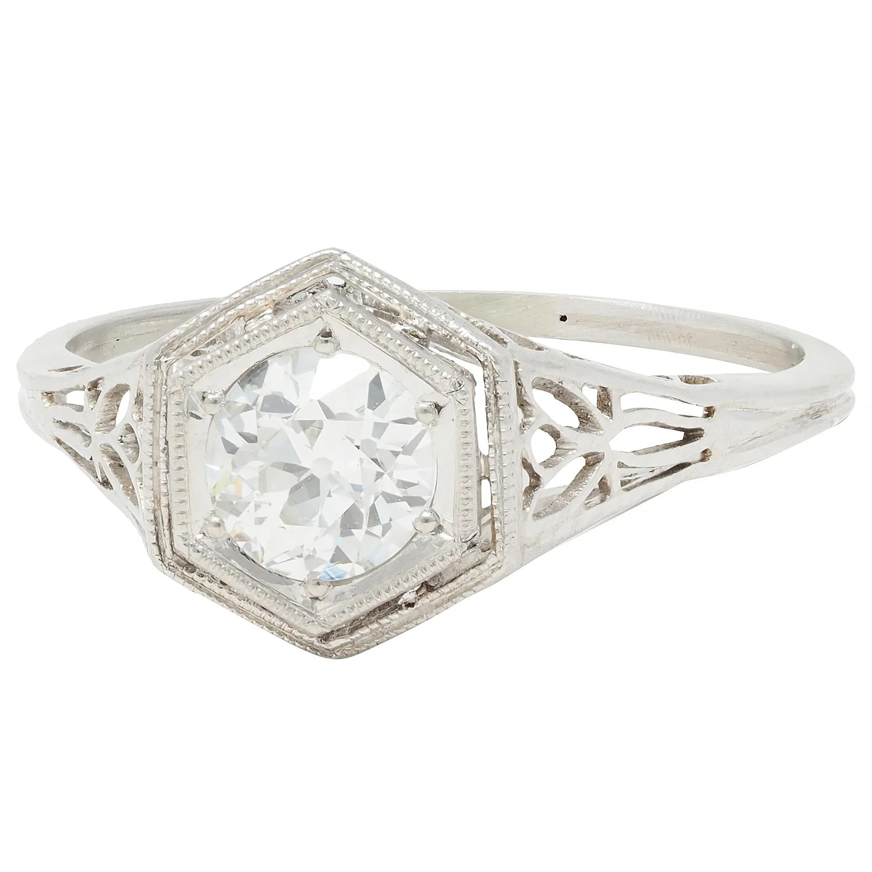 Art Deco 0.65 CTW Old European Diamond Platinum Scrolling Lotus Vintage Engagement Ring - Image 6