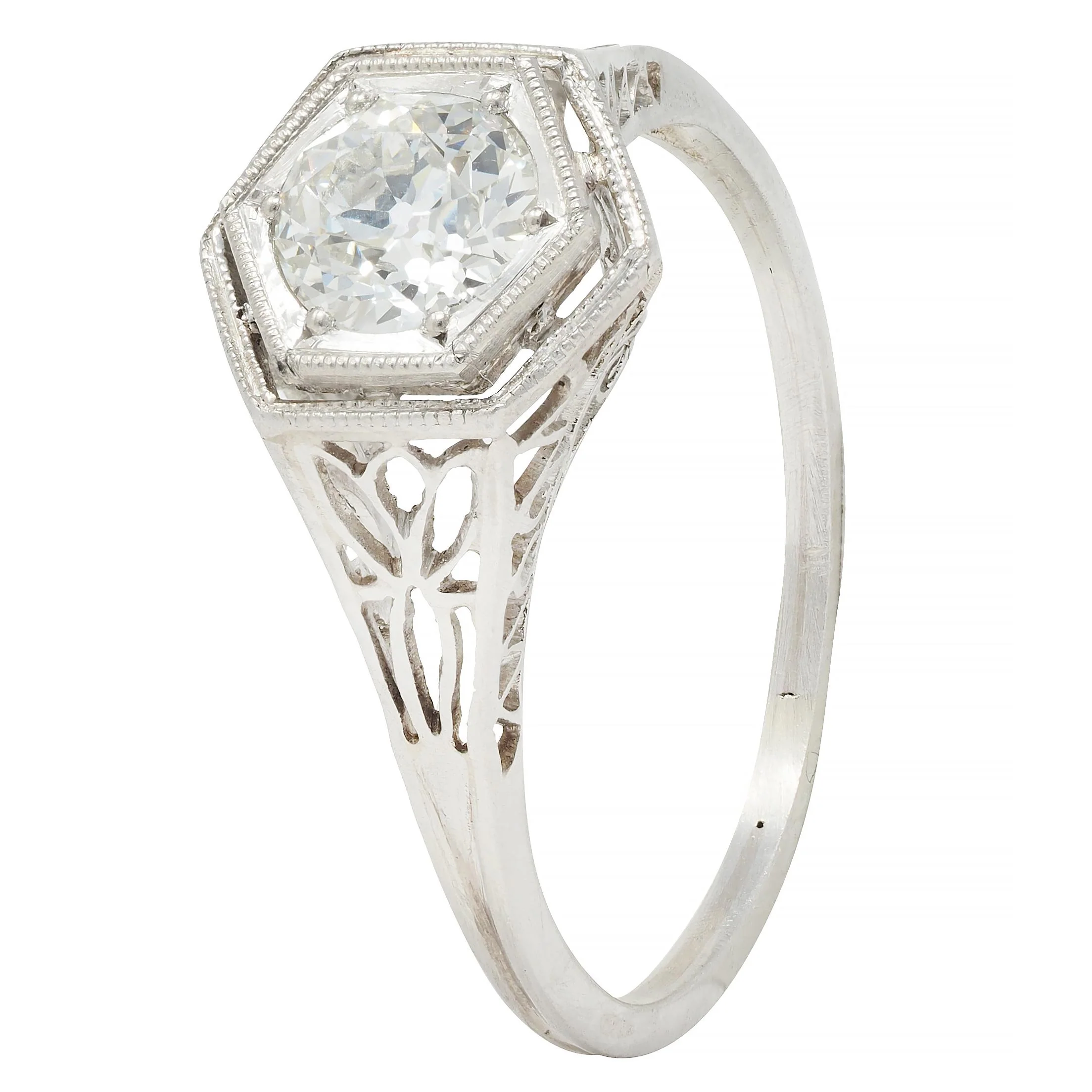 Art Deco 0.65 CTW Old European Diamond Platinum Scrolling Lotus Vintage Engagement Ring - Image 7