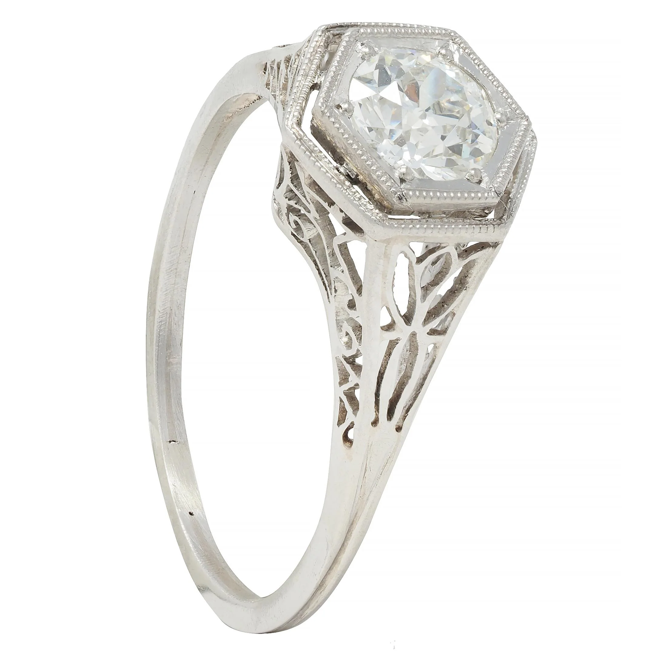Art Deco 0.65 CTW Old European Diamond Platinum Scrolling Lotus Vintage Engagement Ring - Image 9