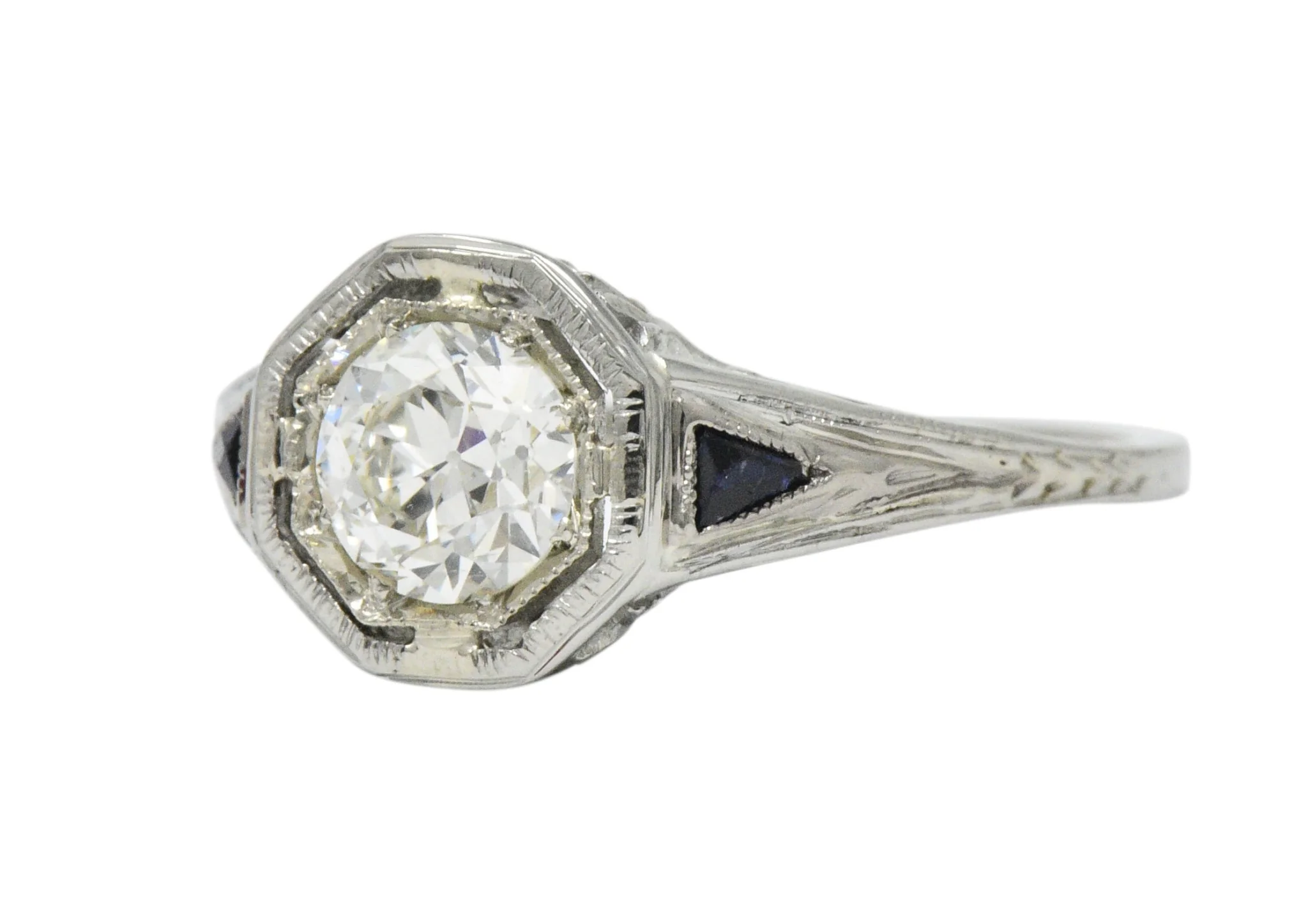 Art Deco 0.69 CTW Diamond Sapphire 18 Karat White Gold Engagement Ring GIA - Image 2