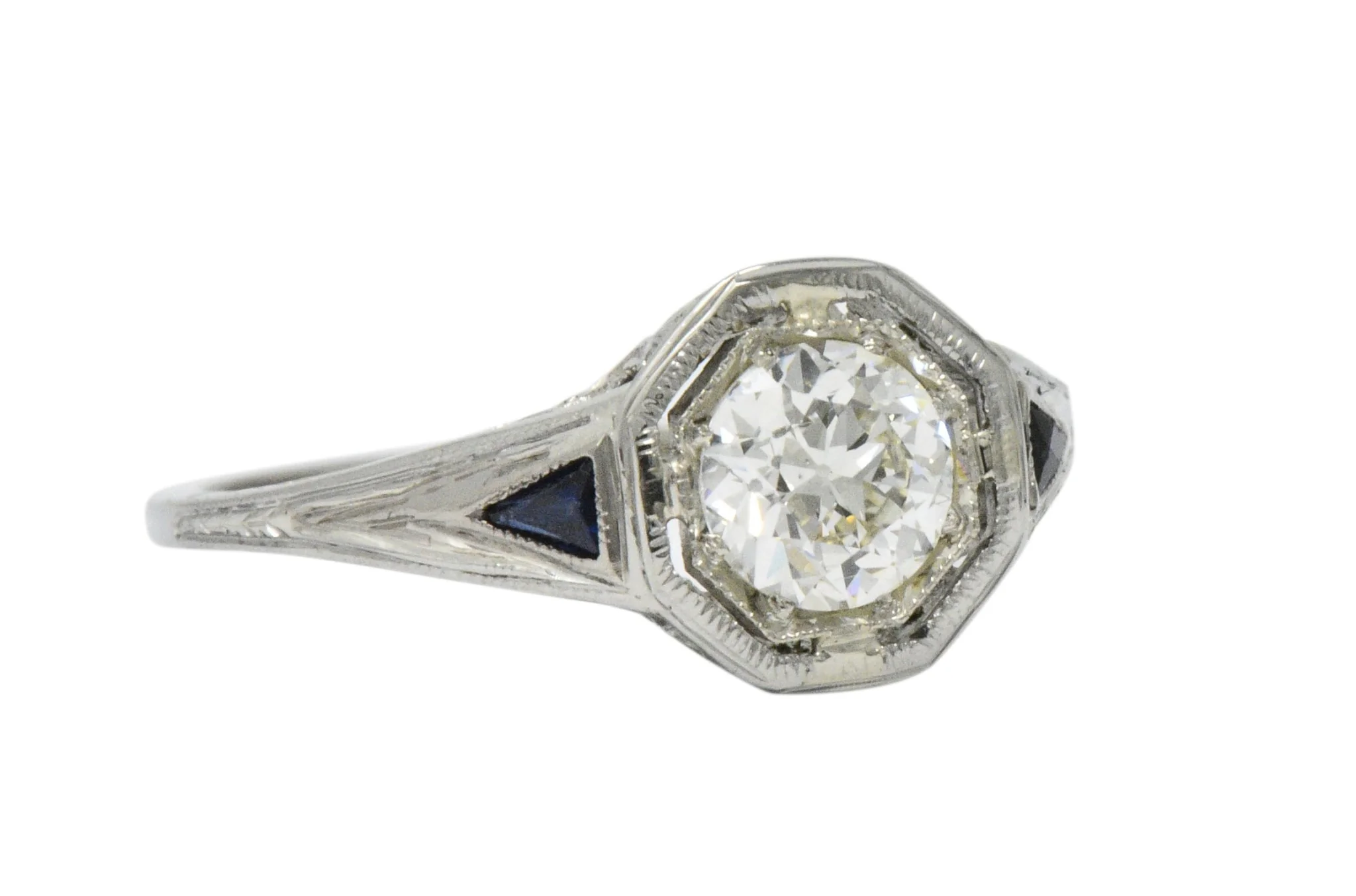 Art Deco 0.69 CTW Diamond Sapphire 18 Karat White Gold Engagement Ring GIA - Image 4